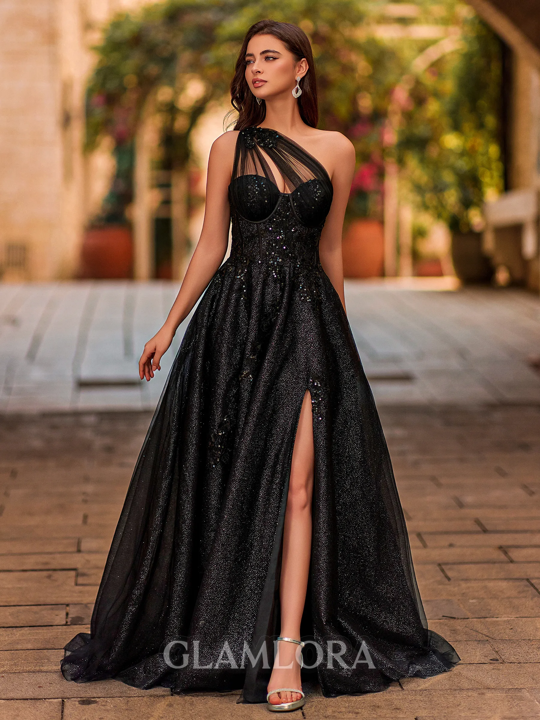 Opulent A-line One-Shoulder Appliques Lace Sweep Train Tulle Corset Prom Dress