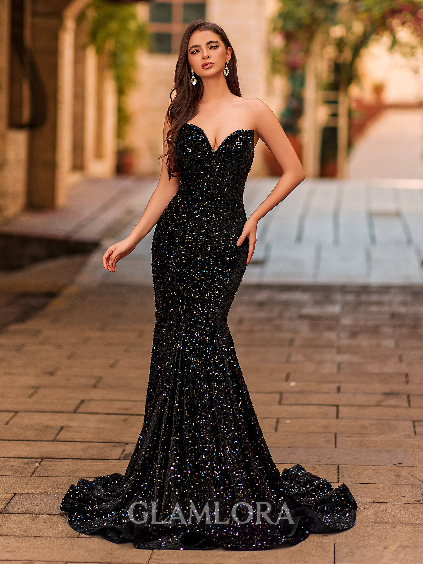Stunning Mermaid Sweetheart Sweep Train Velvet Sequins Prom Dress