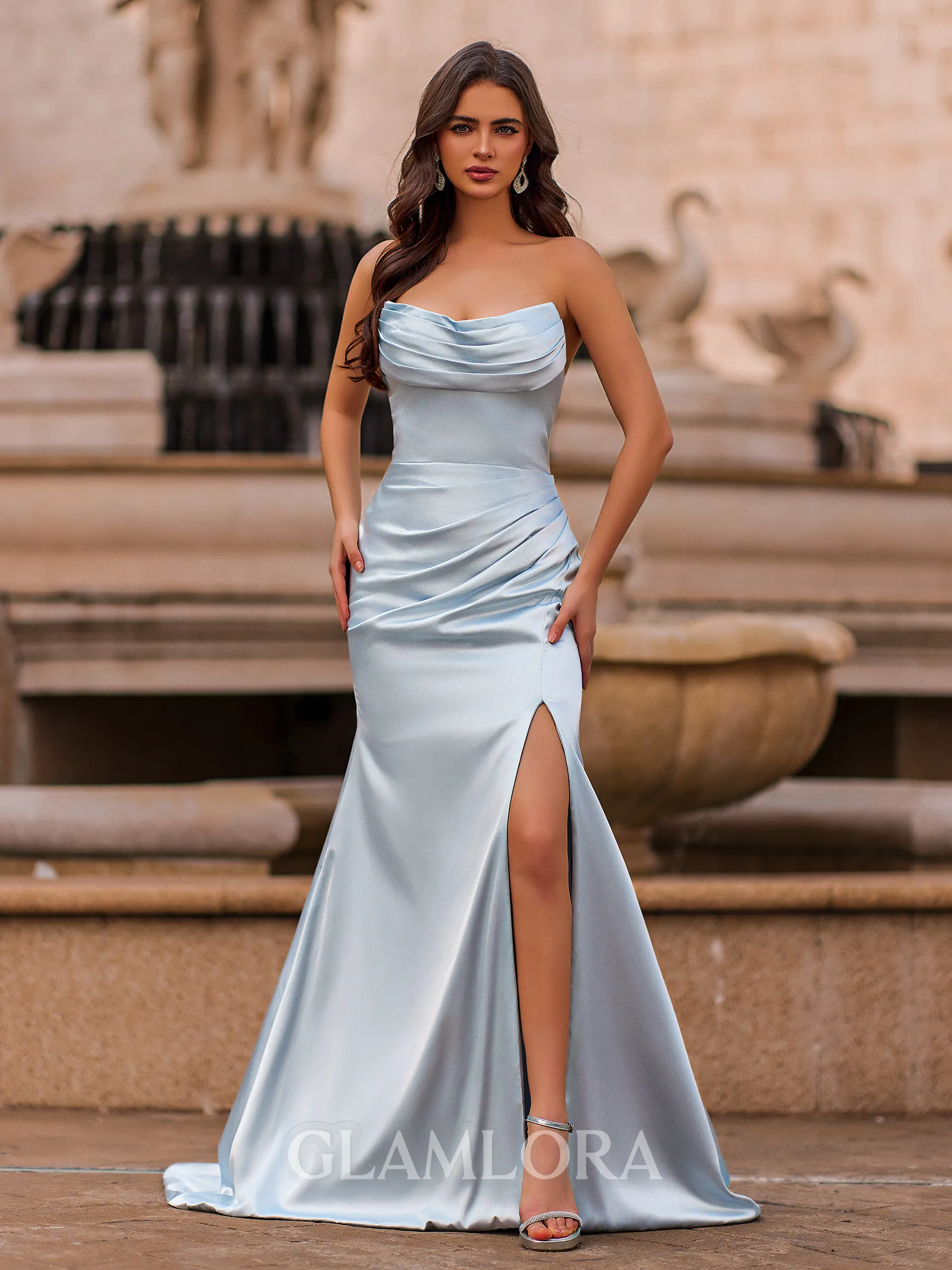 Gorgeous Sheath Straight Pleated Sweep Train Silk Like Satin Prom Dress