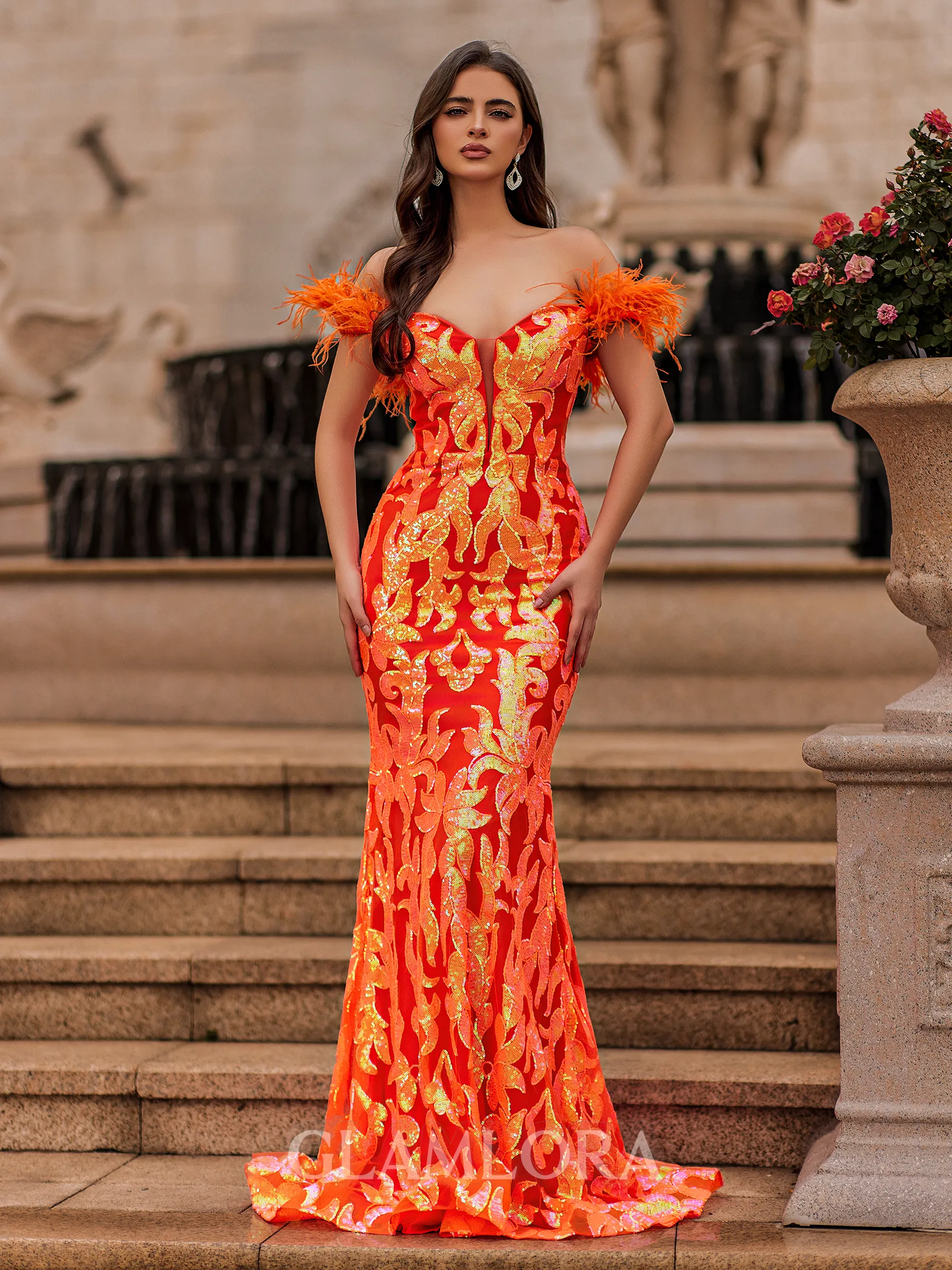 Show-stopping Sheath Off-the-Shoulder Feather Sweep Train Prom Dress