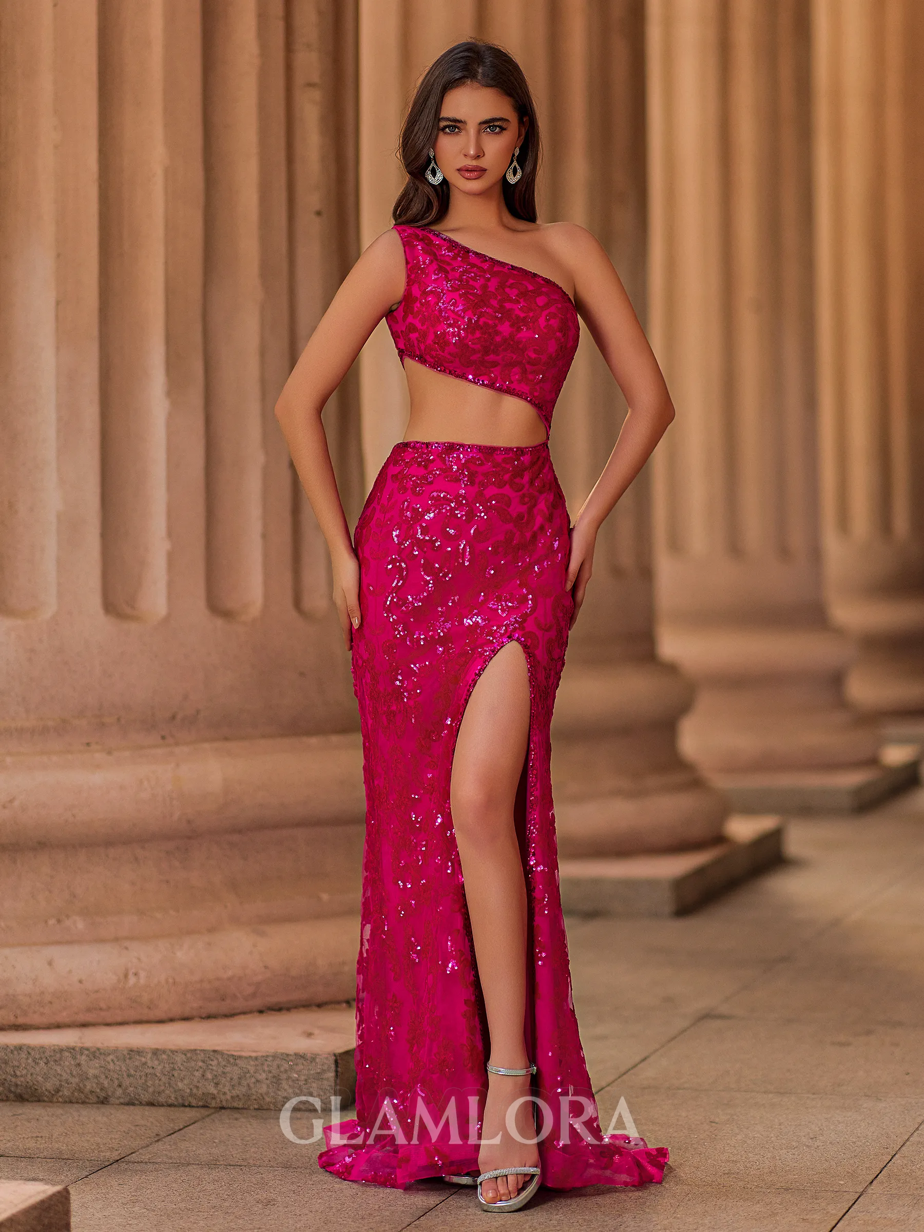 Unforgettable Sheath One-Shoulder Sequin Sweep Train Lace Prom Dress
