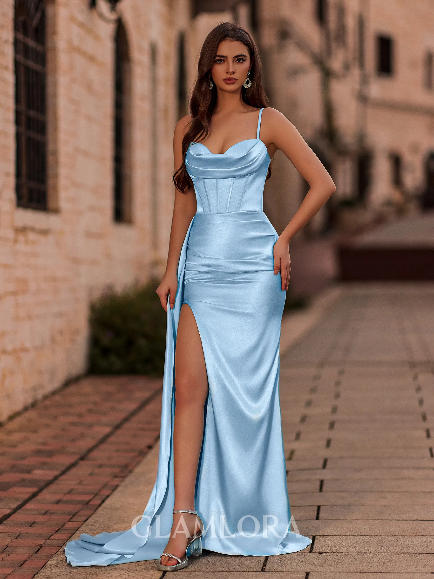 Magnificent Sheath Spaghetti Straps Pleated Sweep Train Silk like Satin Corset Prom Dress