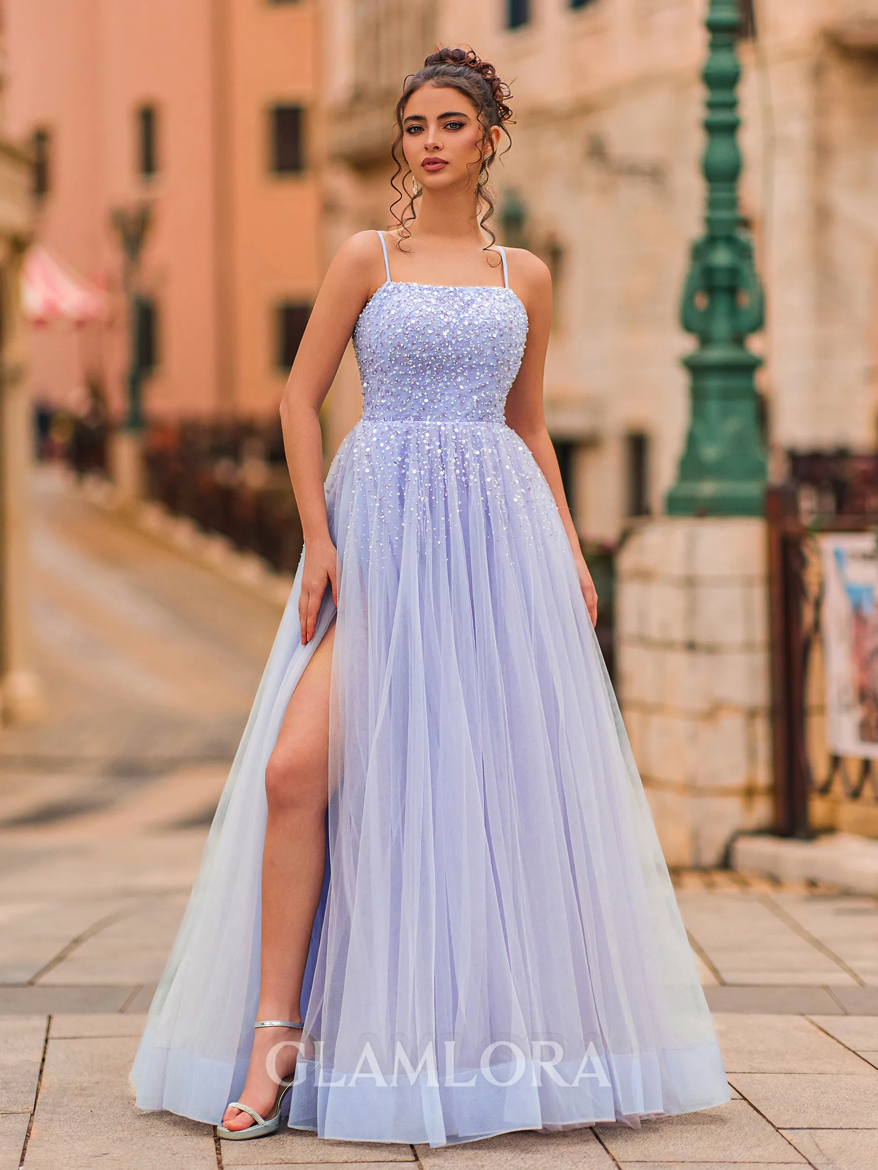 Fashion A-Line Tulle Beading Spaghetti Straps Sleeveless Floor-Length Prom Dress