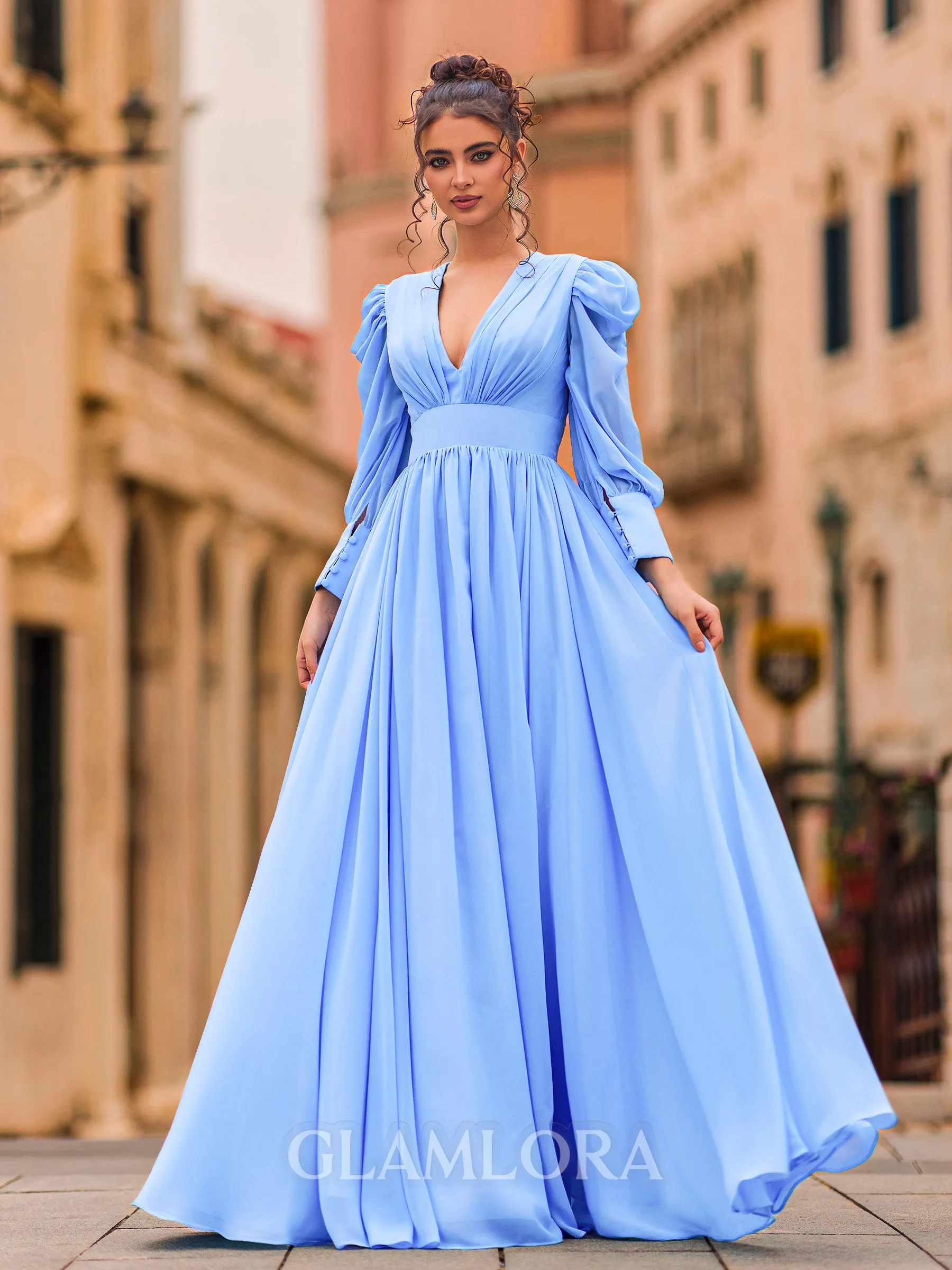 Glam A-Line Chiffon Pleated V-Neck Long Sleeves Floor-Length Prom Dress