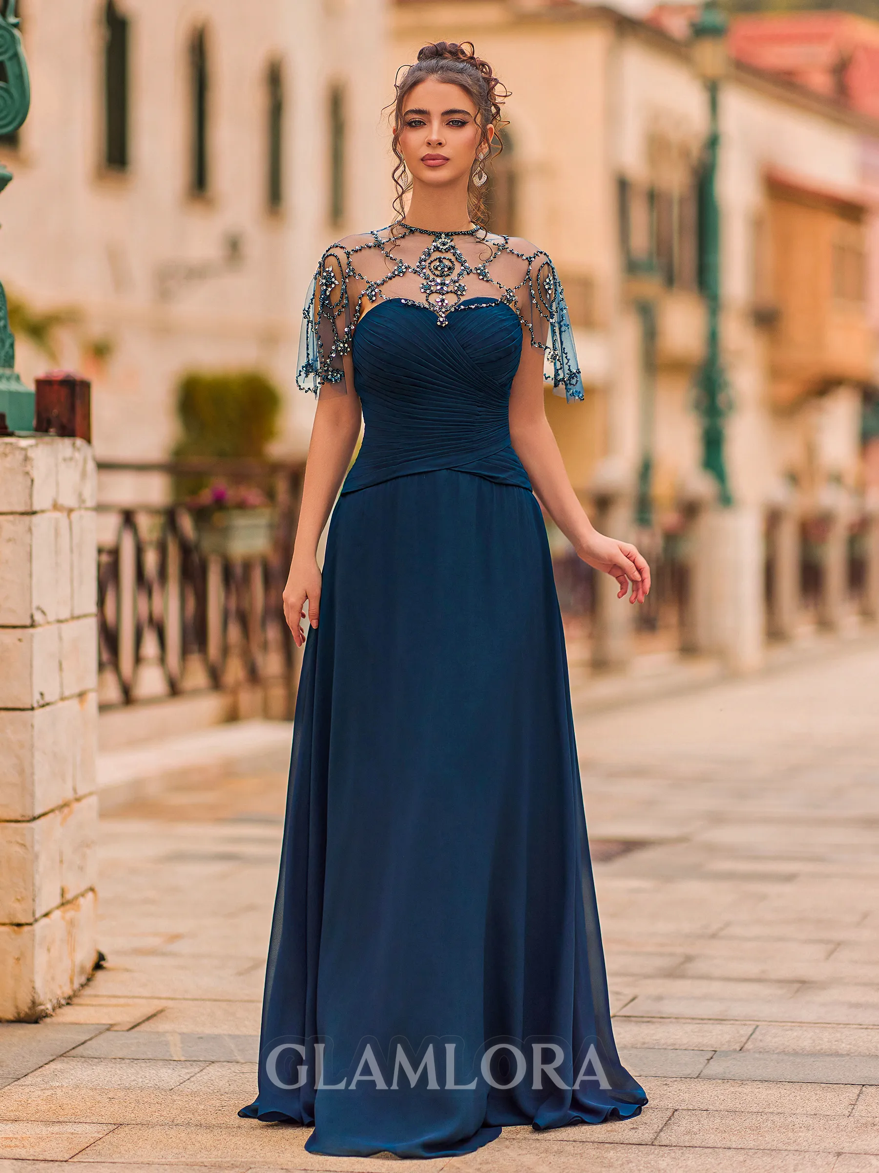 Glamorous A-Line Chiffon Beading Scoop Short Sleeves Sweep Train Prom Dress