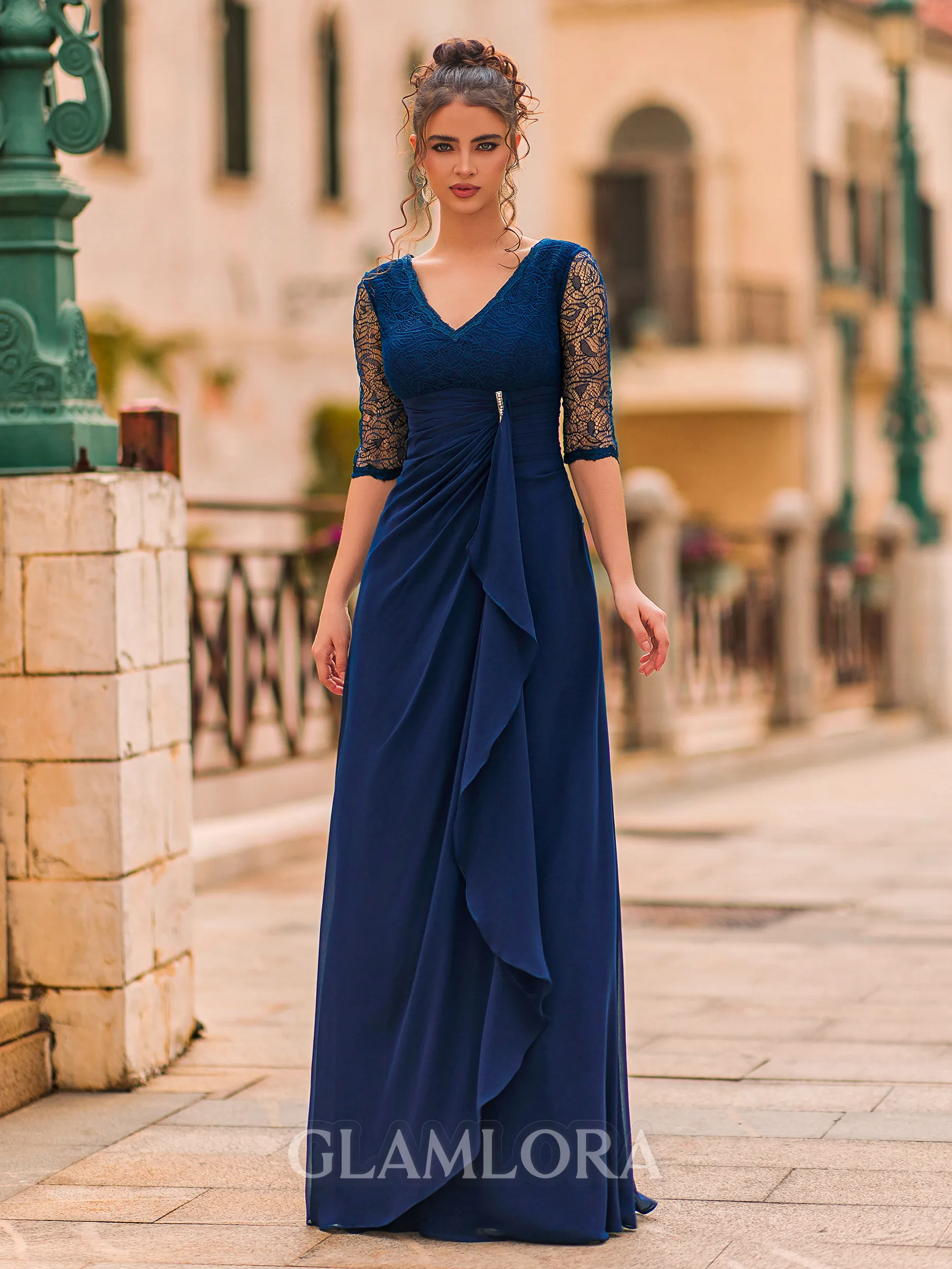 Splendid A-Line Chiffon Pleated V-Neck 1/2 Sleeves Floor-Length Prom Dress
