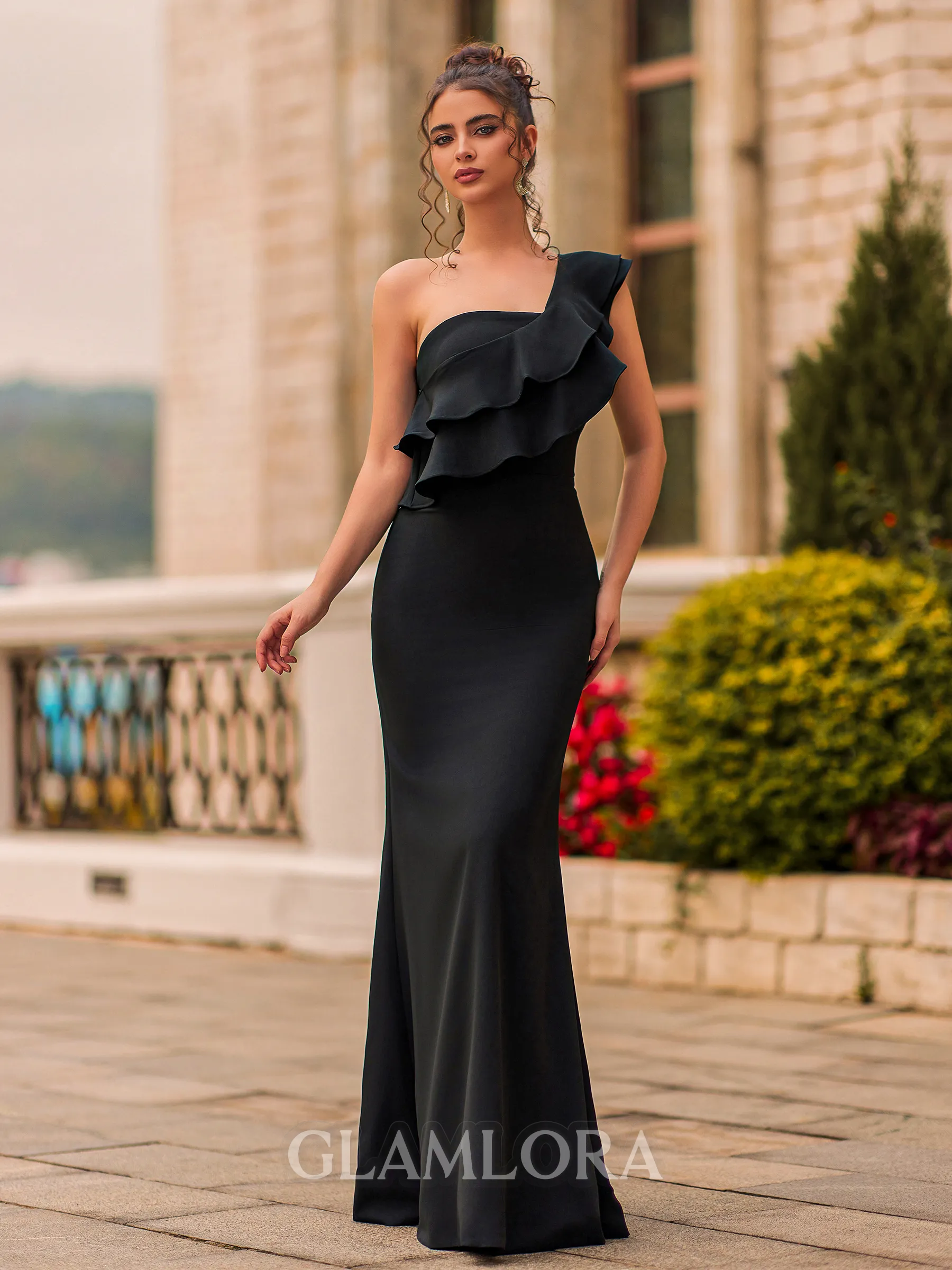 Stunning Sheath Stretch Crepe Ruffles One-Shoulder Sleeveless Floor-Length Prom Dress