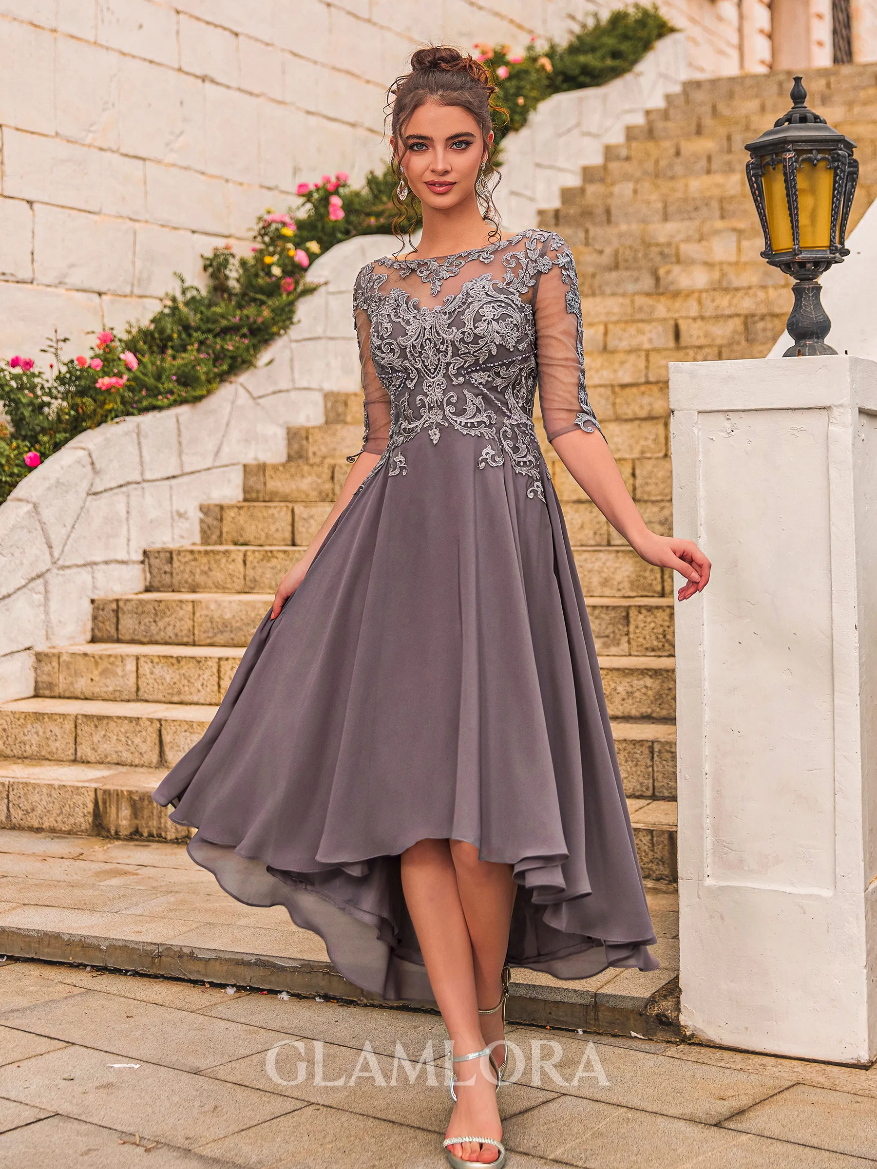 Gorgeous A-Line Chiffon Appliques Lace Scoop 1/2 Sleeves Asymmetrical Guest/Evening/Mother of the Bride Dress