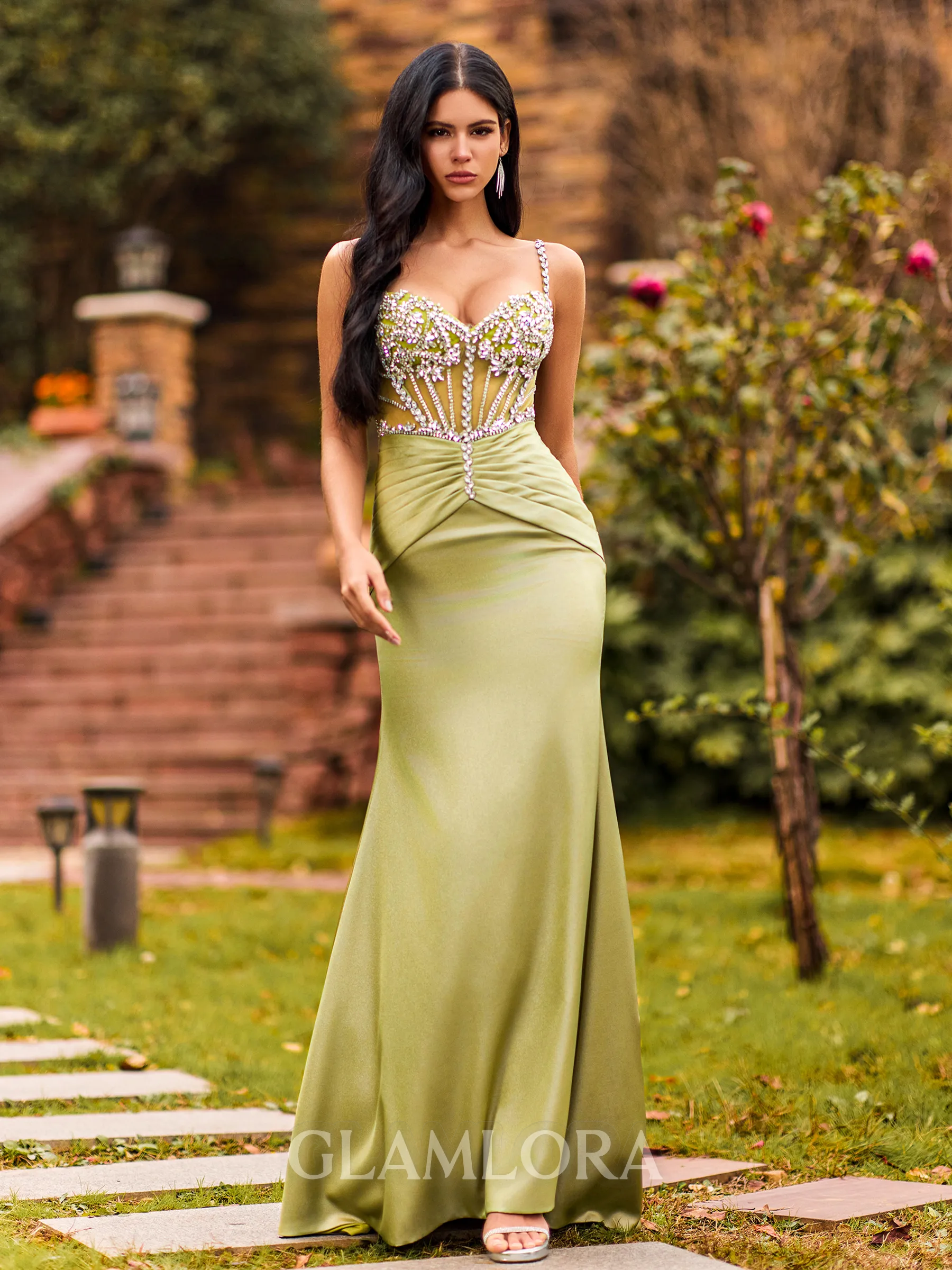 Minimalist Sheath Straps Rhinestone Sweep Train Corset Prom Dress