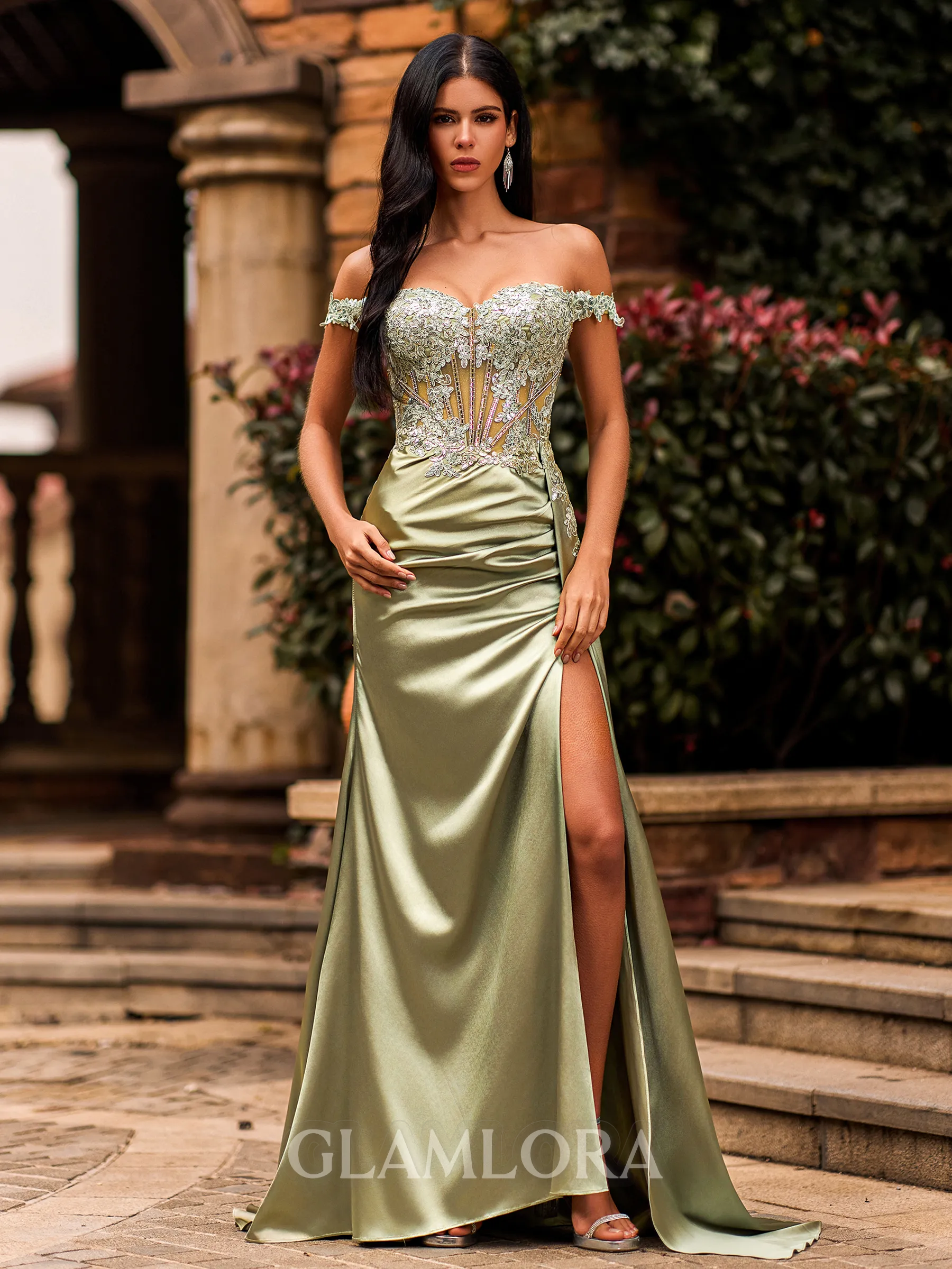 Tight Sheath Off-the-Shoulder Appliques Lace Sweep Train Silk Like Satin Corset Prom Dress