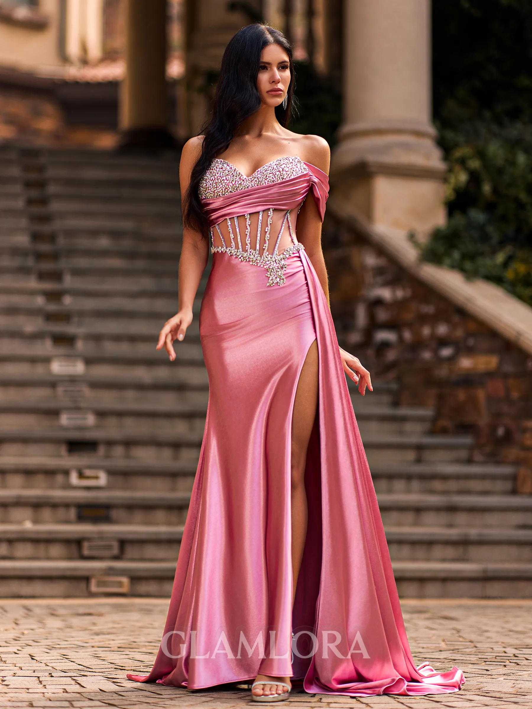 Graceful Sheath One-Shoulder Rhinestone Sweep Train Corset Prom Dress