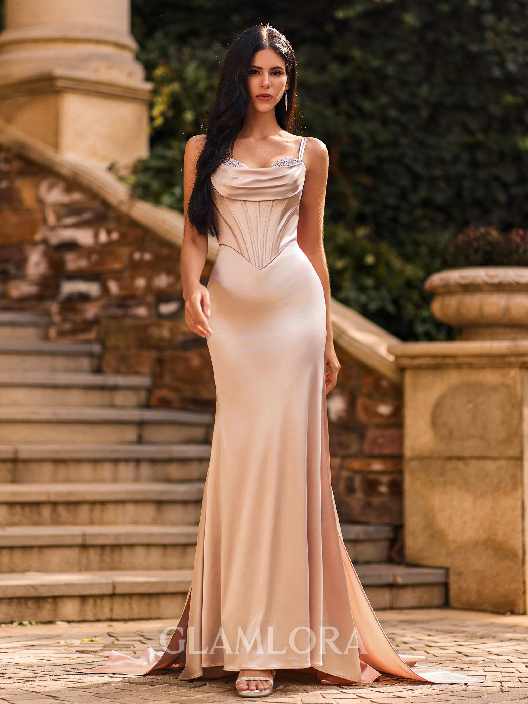 Sexy Sheath Spaghetti Straps Rhinestone Sweep Train Corset Prom Dress