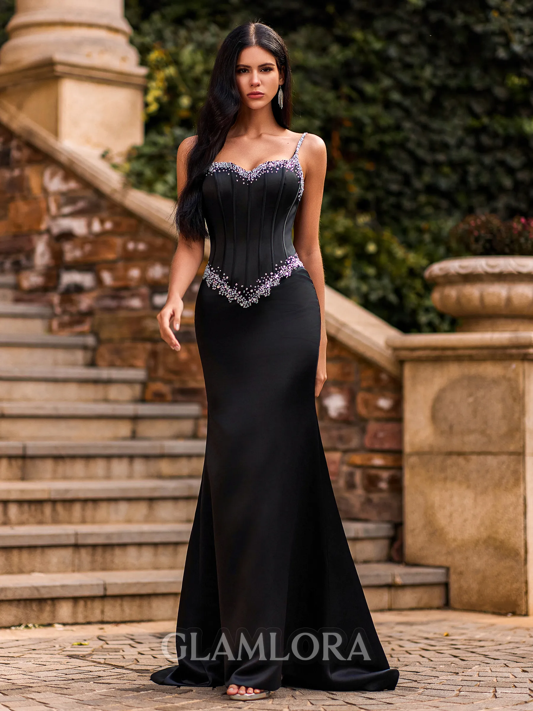 Seductive Sheath Straps Rhinestone Sweep Train Satin Corset Prom Dress