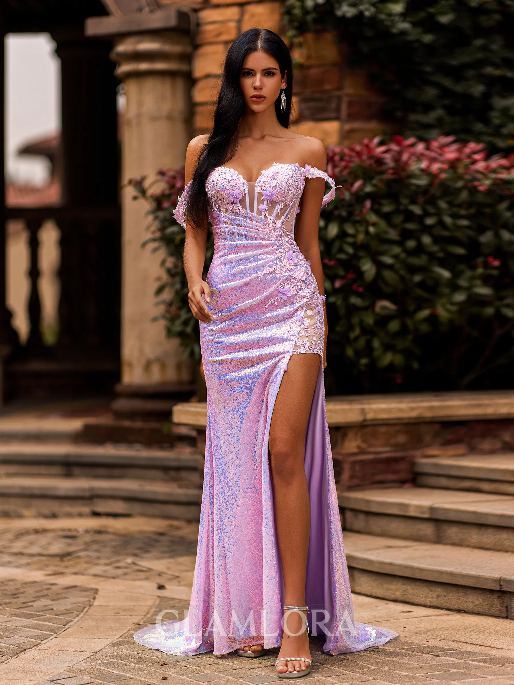 Snug Sheath Off-the-Shoulder Appliques Lace Sweep Train Sequins Corset Prom Dress