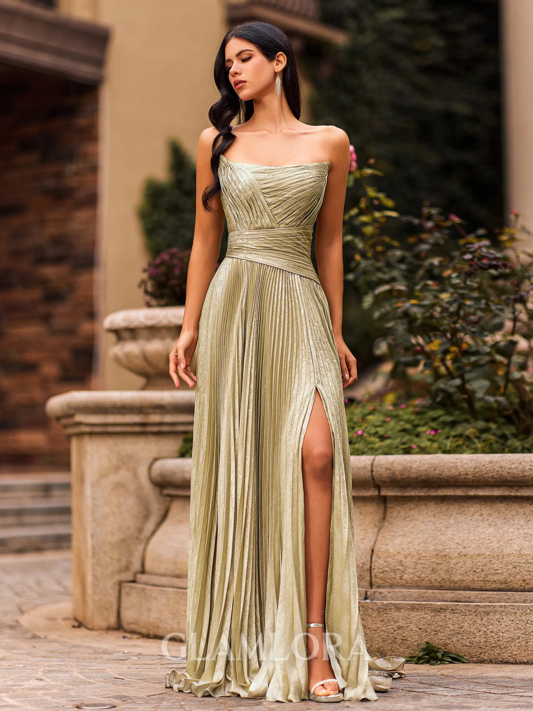 Sophisticated A-line Straight Pleated Sweep Train Corset Prom Dress