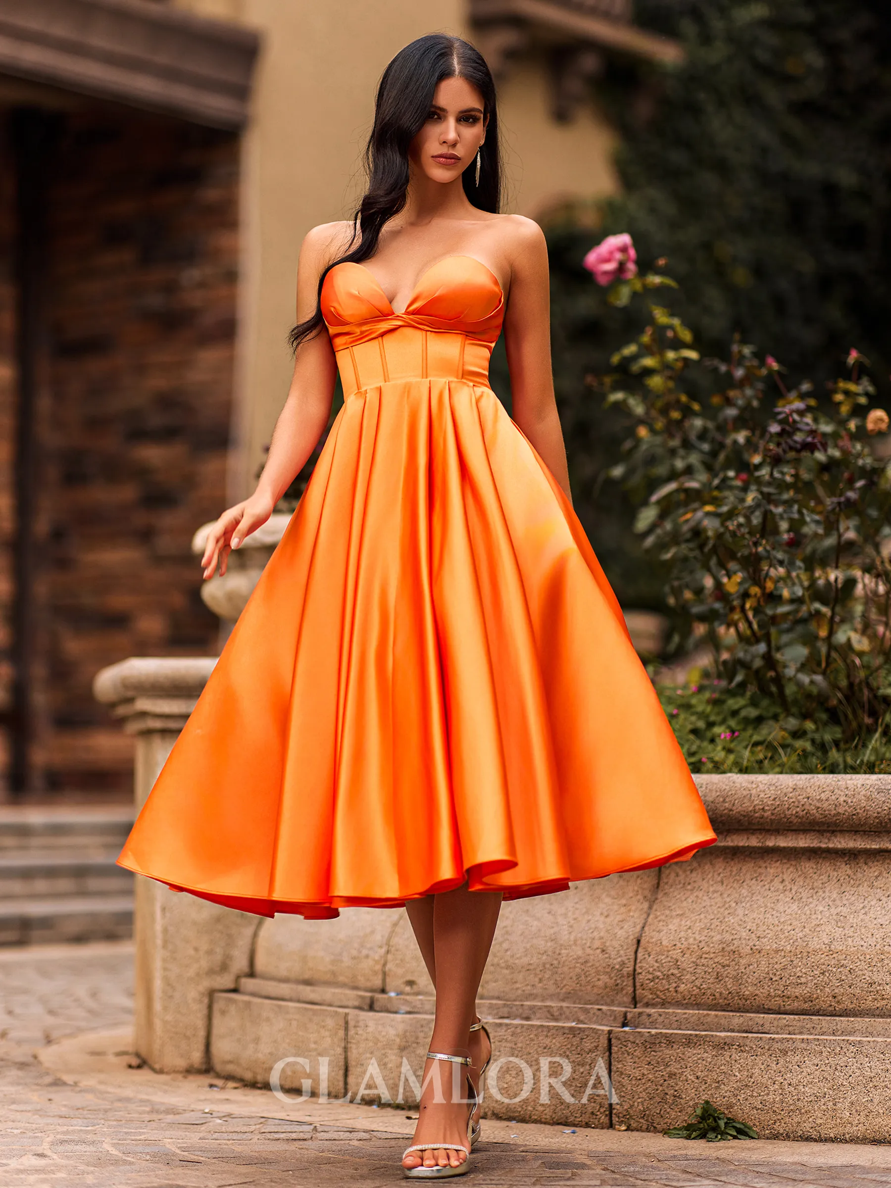 Unique Ball-Gown Sweetheart Pleated Tea-Length Satin Corset Prom Dress