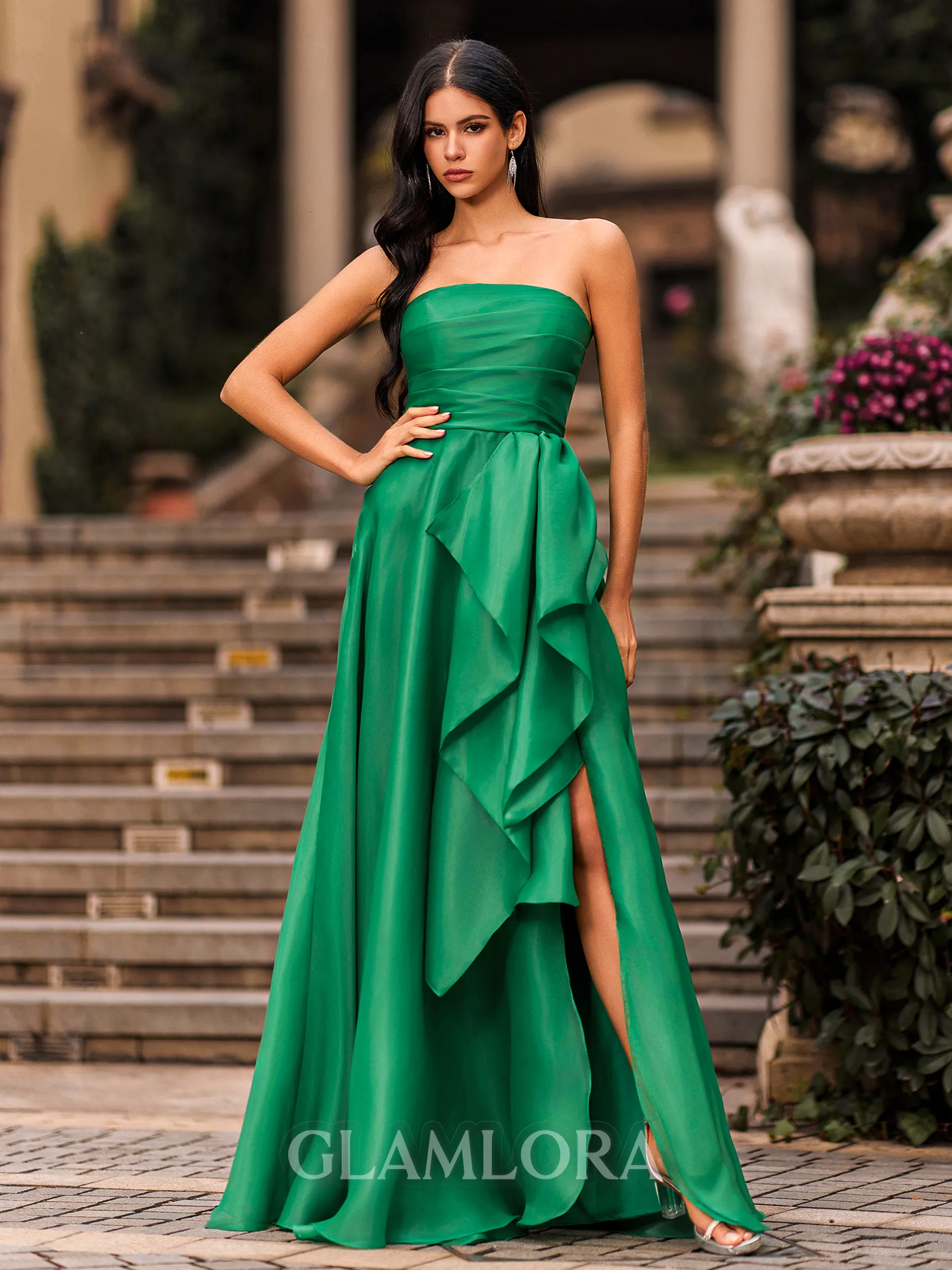 Classy A-line Straight Ruffles Floor-Length Organza Corset Prom Dress