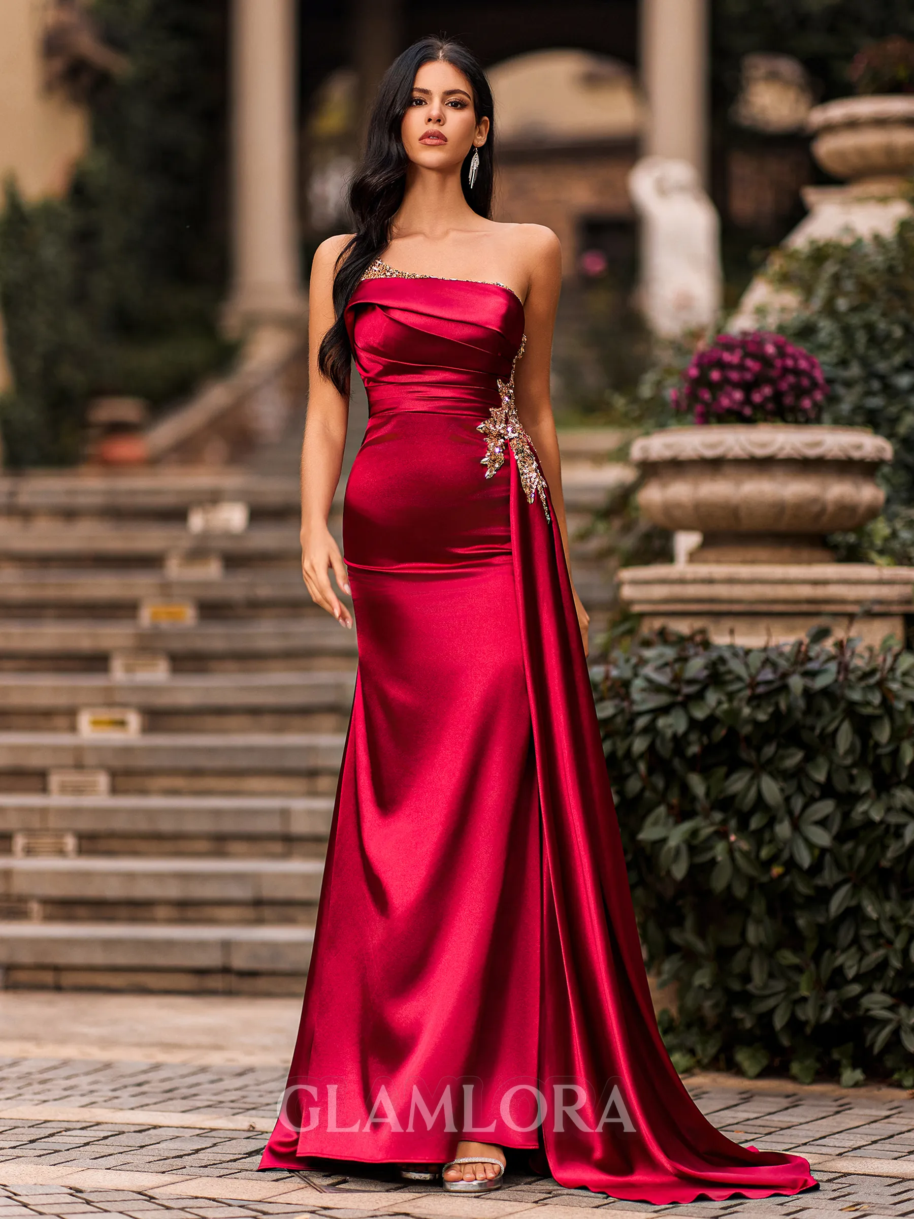 Refined Sheath One-Shoulder Rhinestone Sweep Train Silk Like Satin Corset Prom Dress