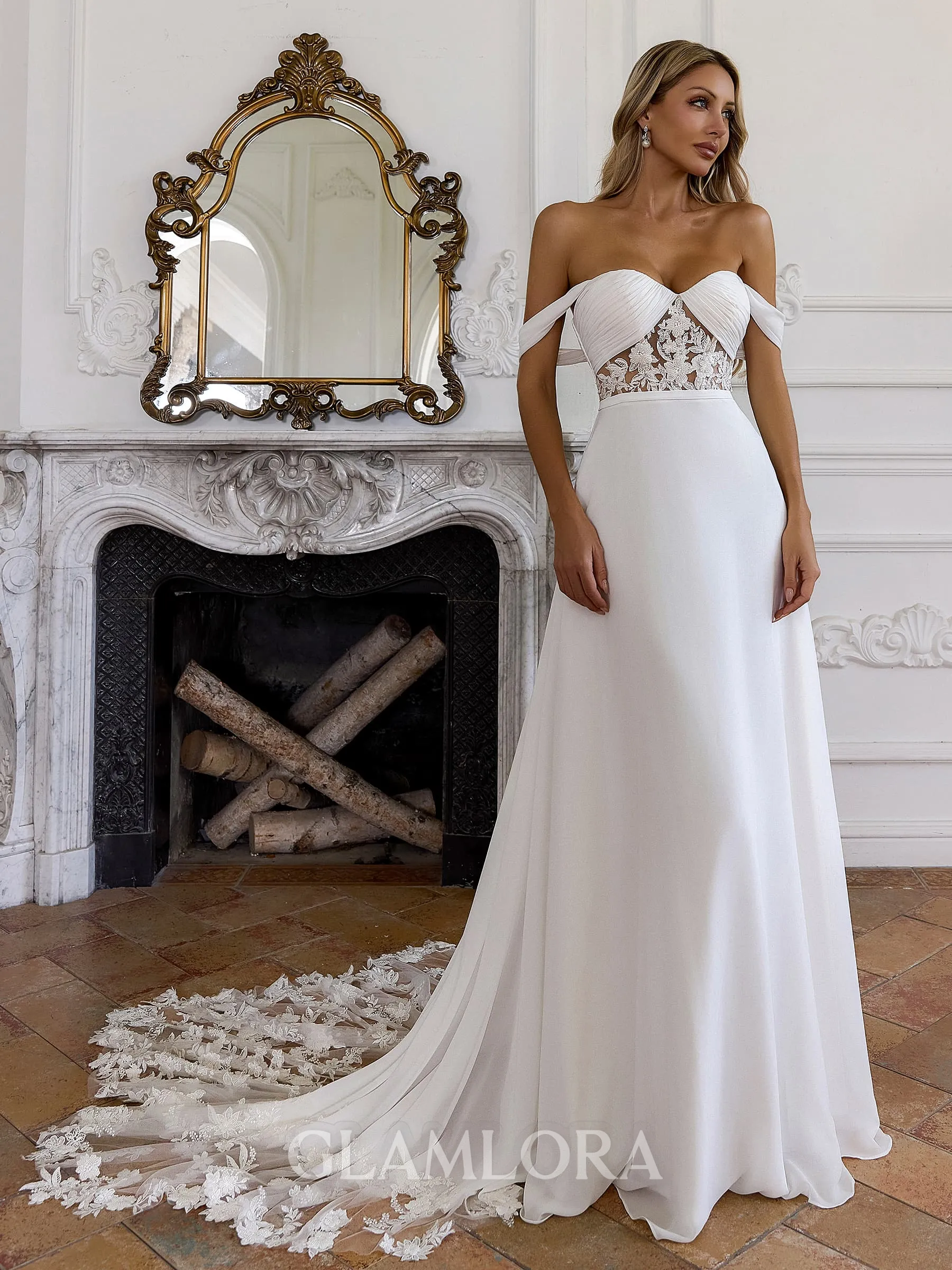 Mesmerizing A-line Off-the-Shoulder Appliques Lace Chapel Train Chiffon Corset Wedding Dress