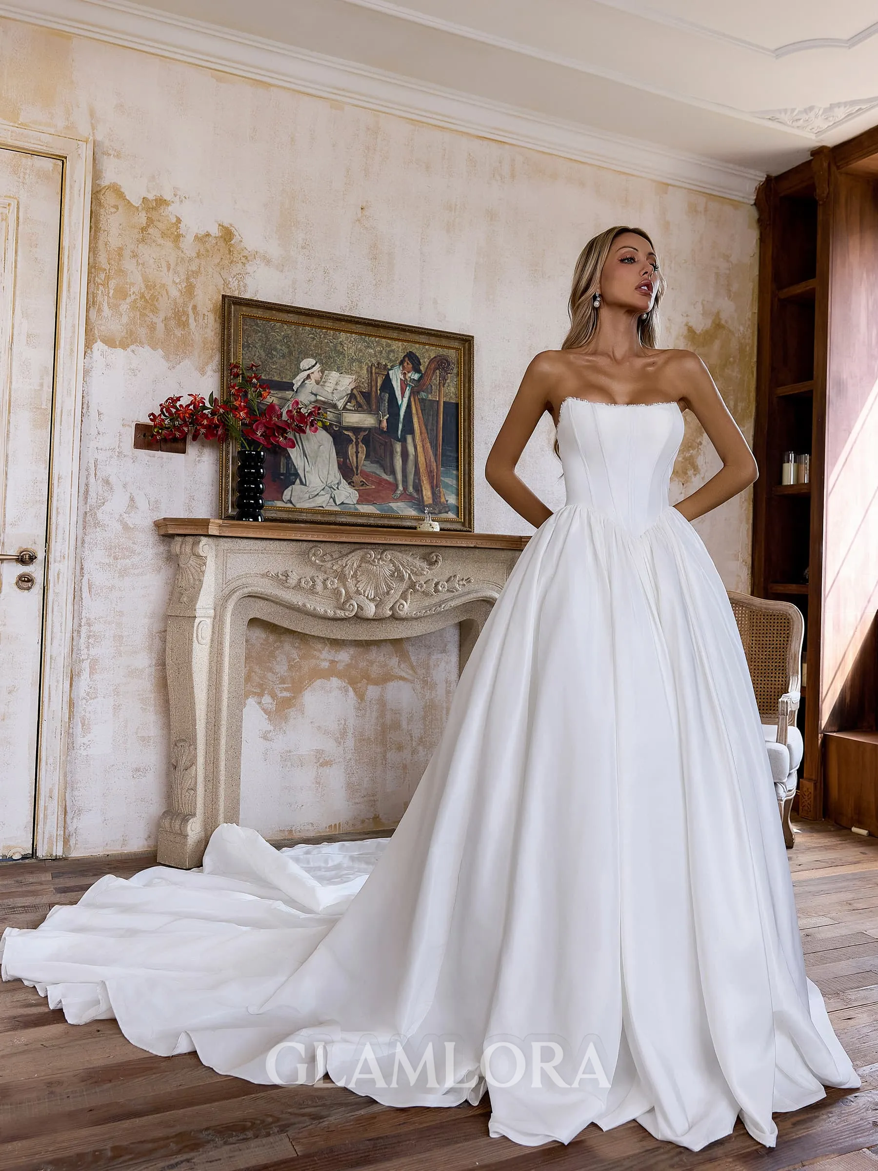 Perfect Ball-Gown Straight Cathedral Train Satin Corset Wedding Dress