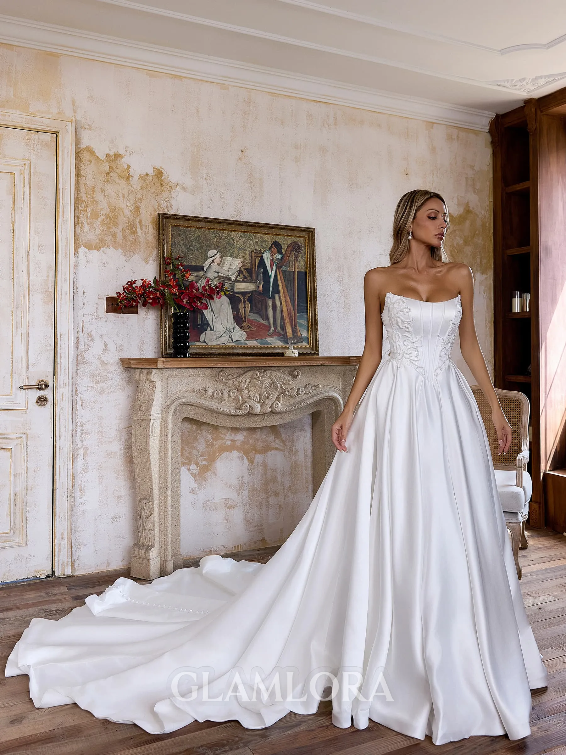 Enchanting Ball-Gown Straight Beading Cathedral Train Satin Corset Wedding Dress