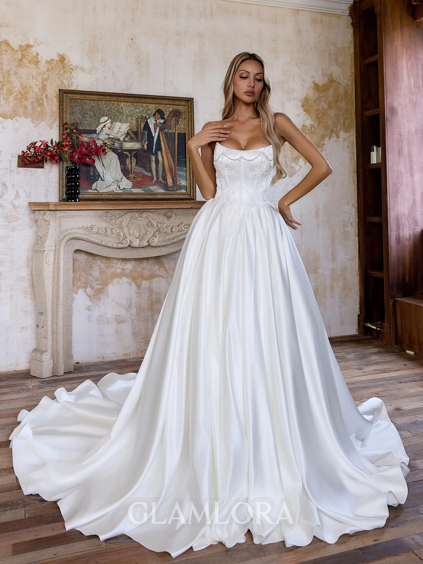 Opulent Ball-Gown Straight Appliques Lace Chapel Train Satin Corset Wedding Dress