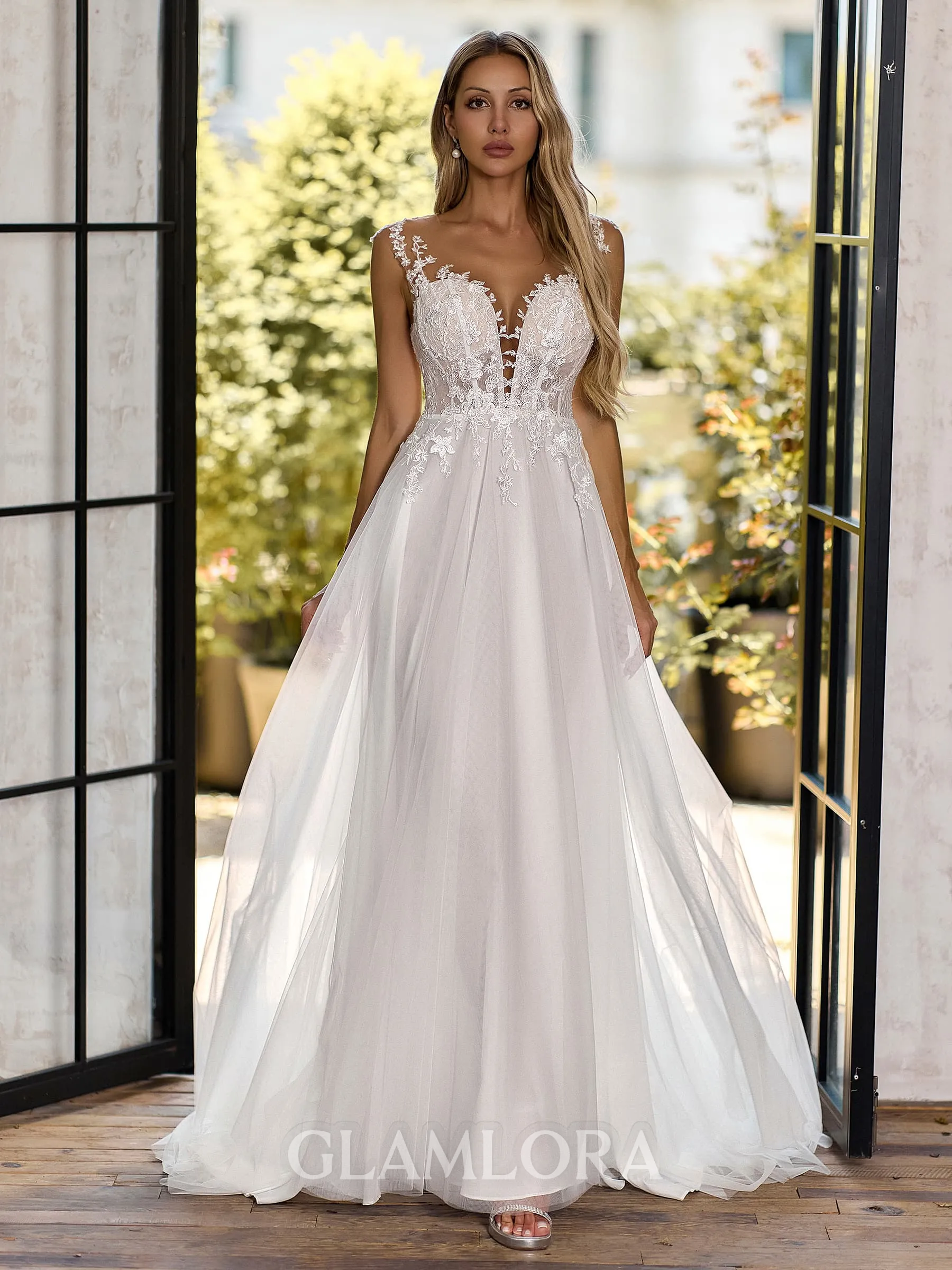 Striking A-line Illusion Appliques Lace Sweep Train Tulle Corset Wedding Dress