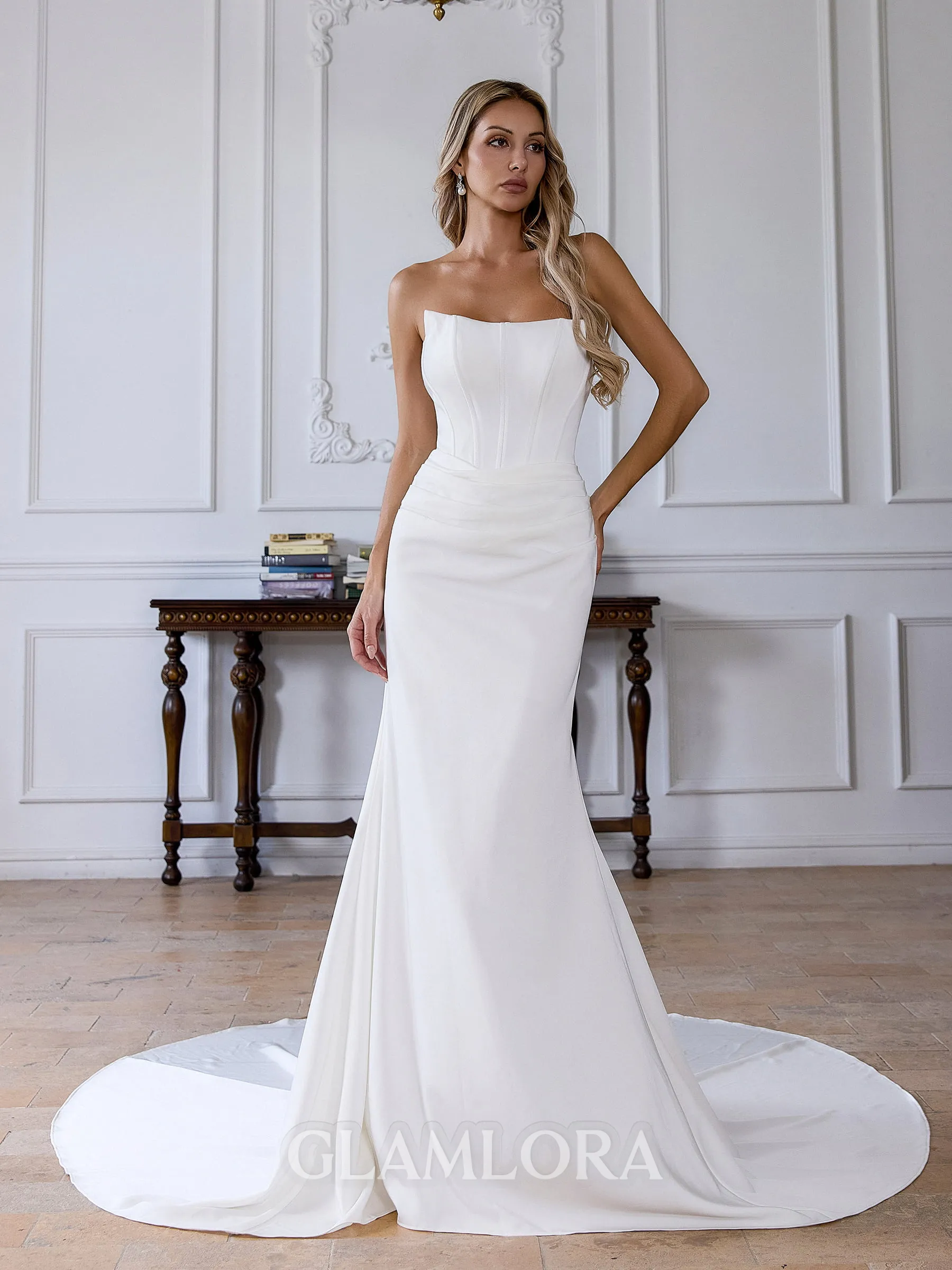 Delicate Sheath Straight Pleated Chapel Train Corset Wedding Dress
