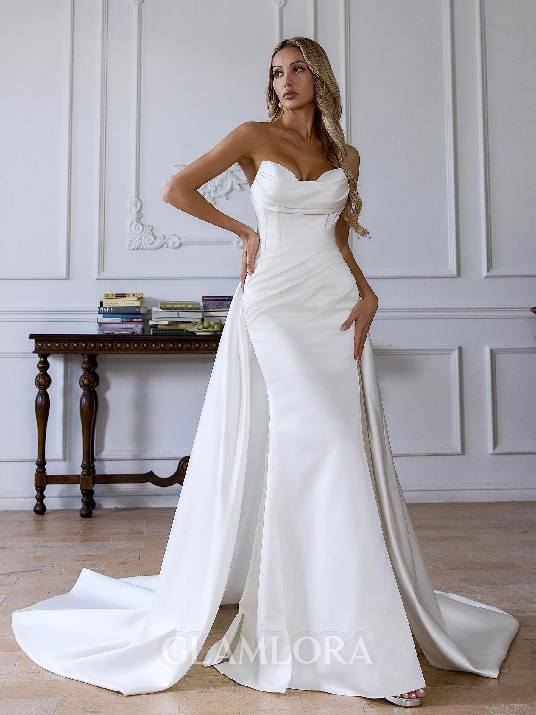 Charming Sheath Sweetheart Pleated Chapel Train Satin Corset Convertible Wedding Dress