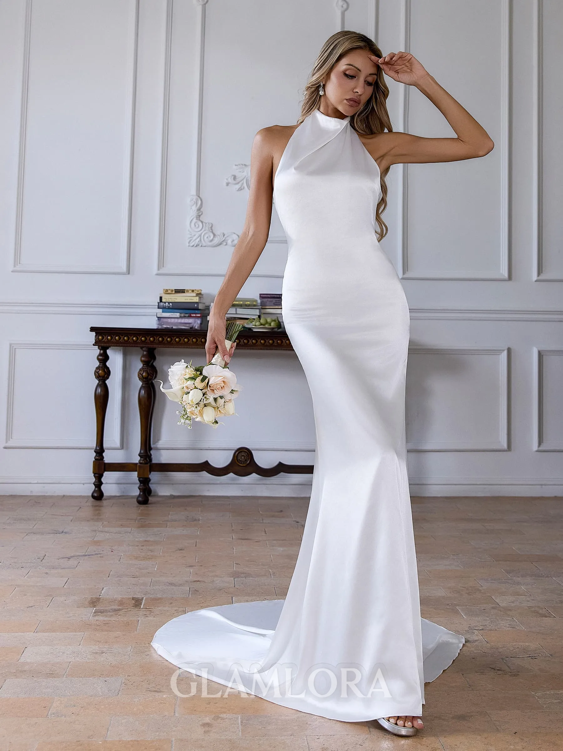 Stunning Sheath Halter Court Train Silk Like Satin Wedding Dress