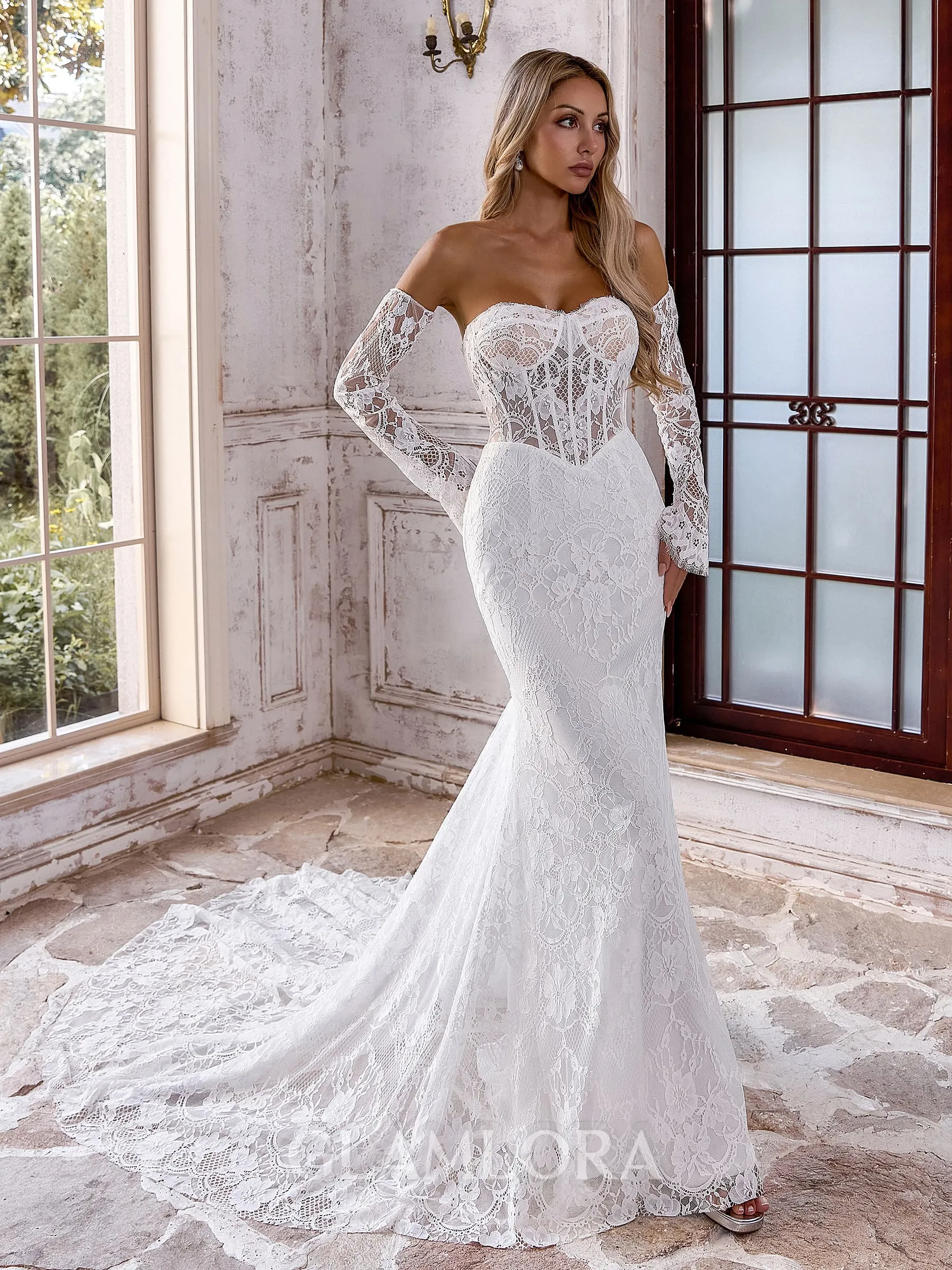 Graceful Sheath Sweetheart Long Sleeves Court Train Lace Corset Wedding Dress
