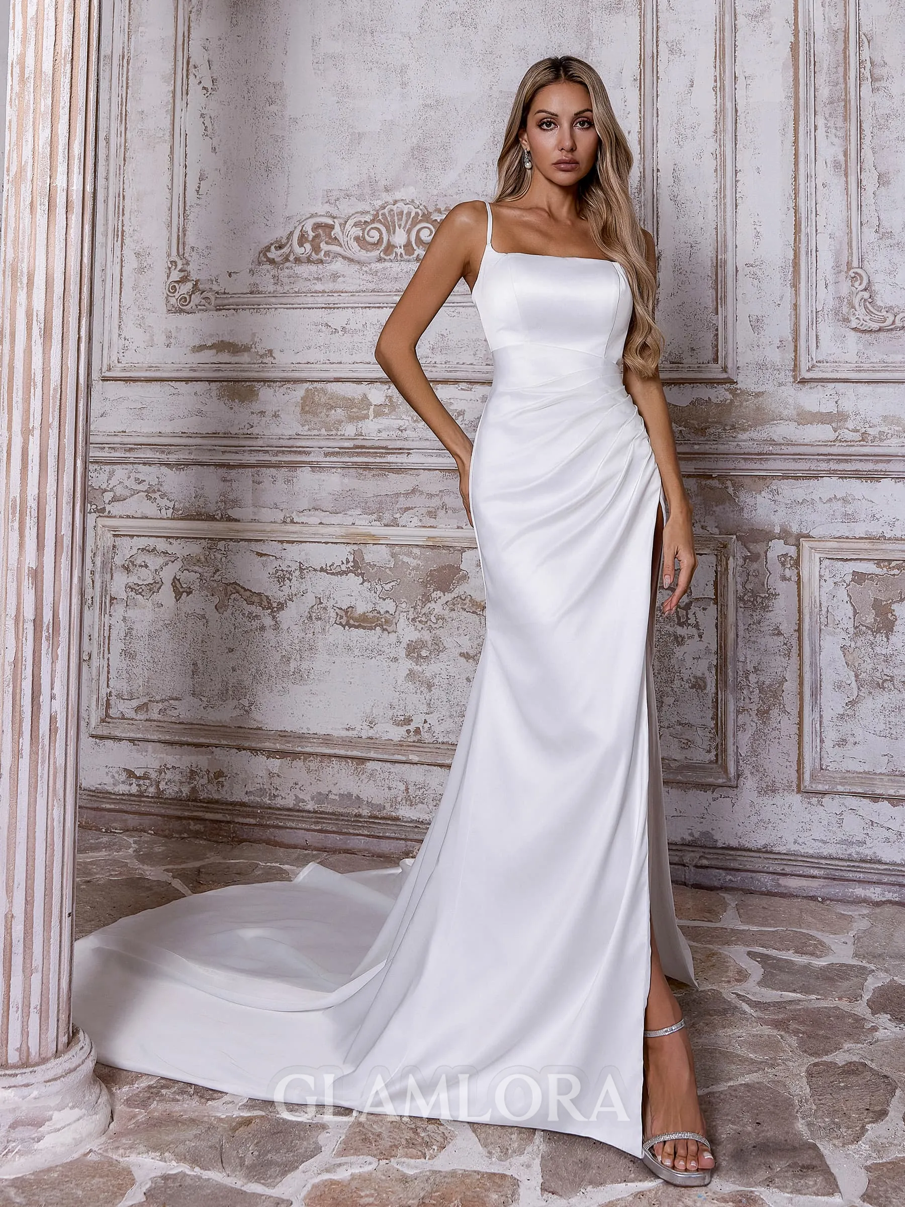 Show-stopping Sheath Spaghetti Straps Pleated Chapel Train Charmeuse Corset Wedding Dress