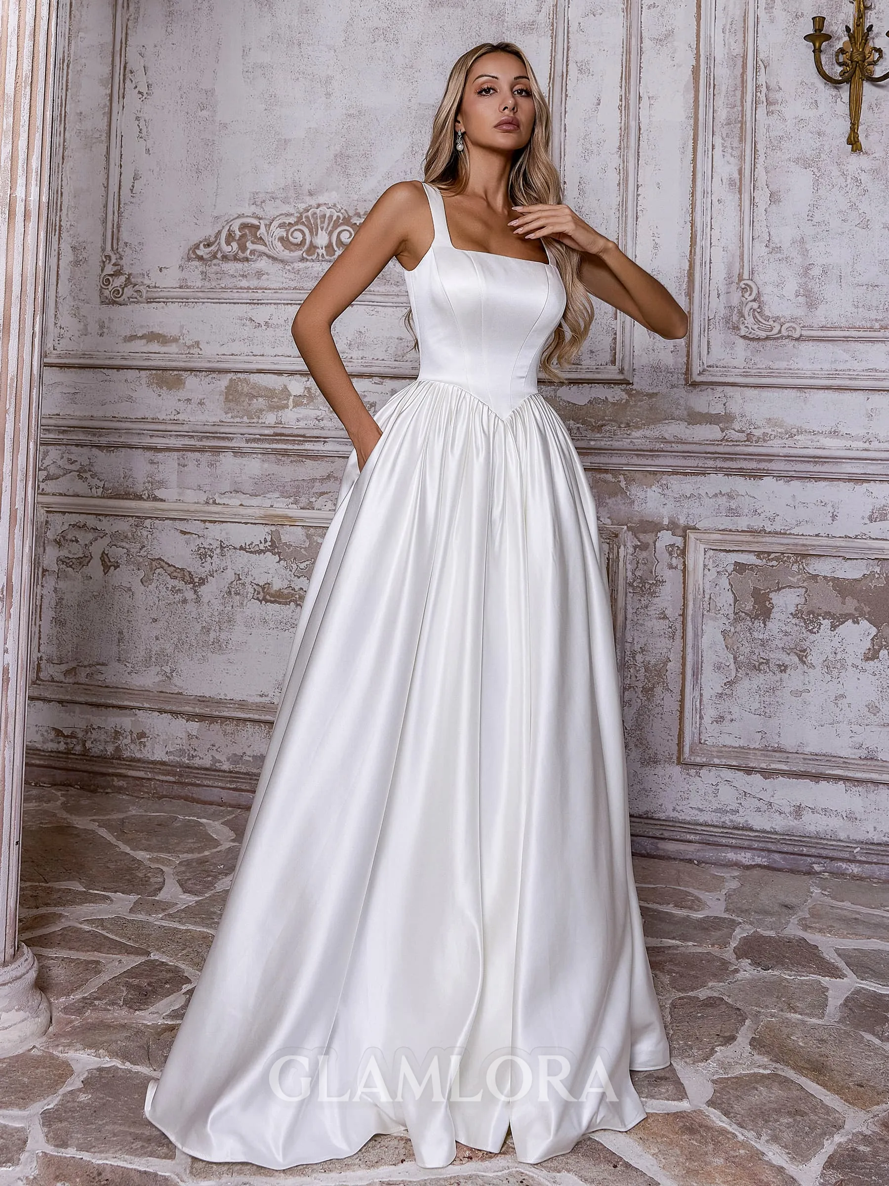 Trendy A-line Straps Floor-Length Satin Wedding Dress