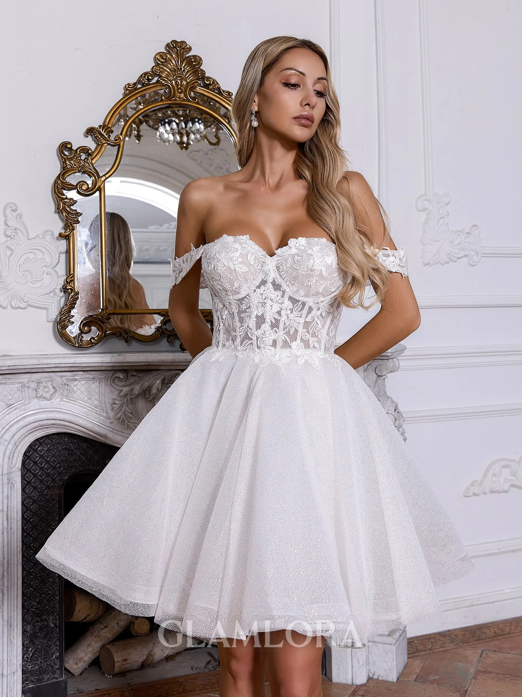 Classy A-line Off-the-Shoulder Appliques Lace Short/Mini Corset Wedding Dress