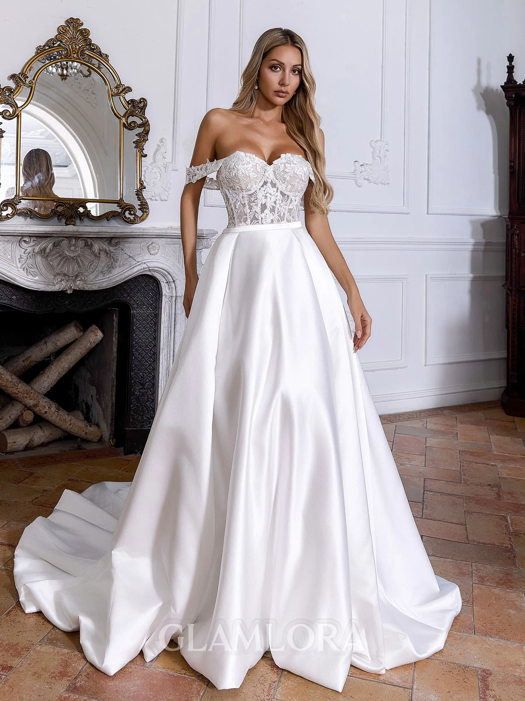 Splendiferous A-line Off-the-Shoulder Appliques Lace Chapel Train Satin Corset Convertible Wedding Dress