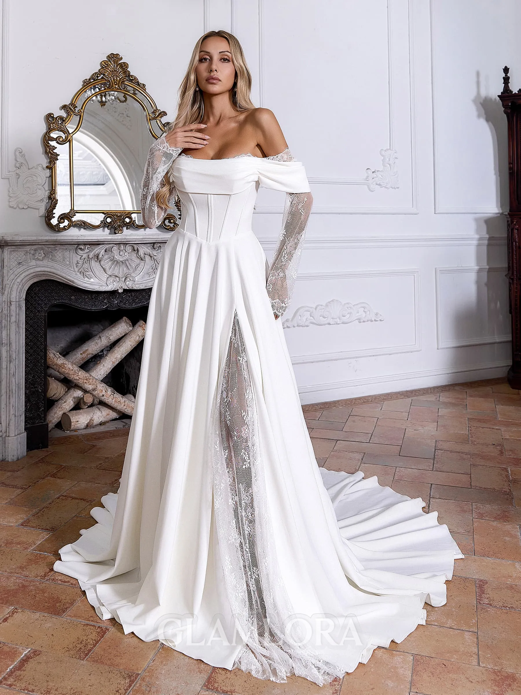 Hot A-line Off-the-Shoulder Appliques Lace Chapel Train Stretch Crepe Corset Wedding Dress