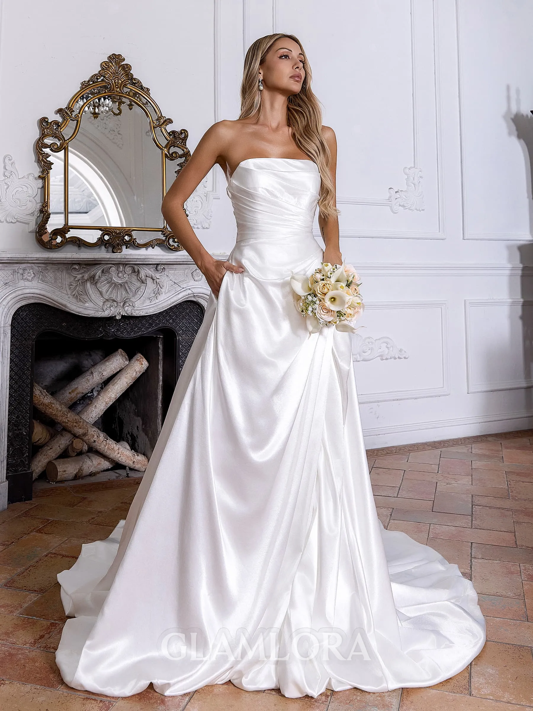 Aristocratic A-line Straight Pleated Chapel Train Satin Corset Wedding Dress