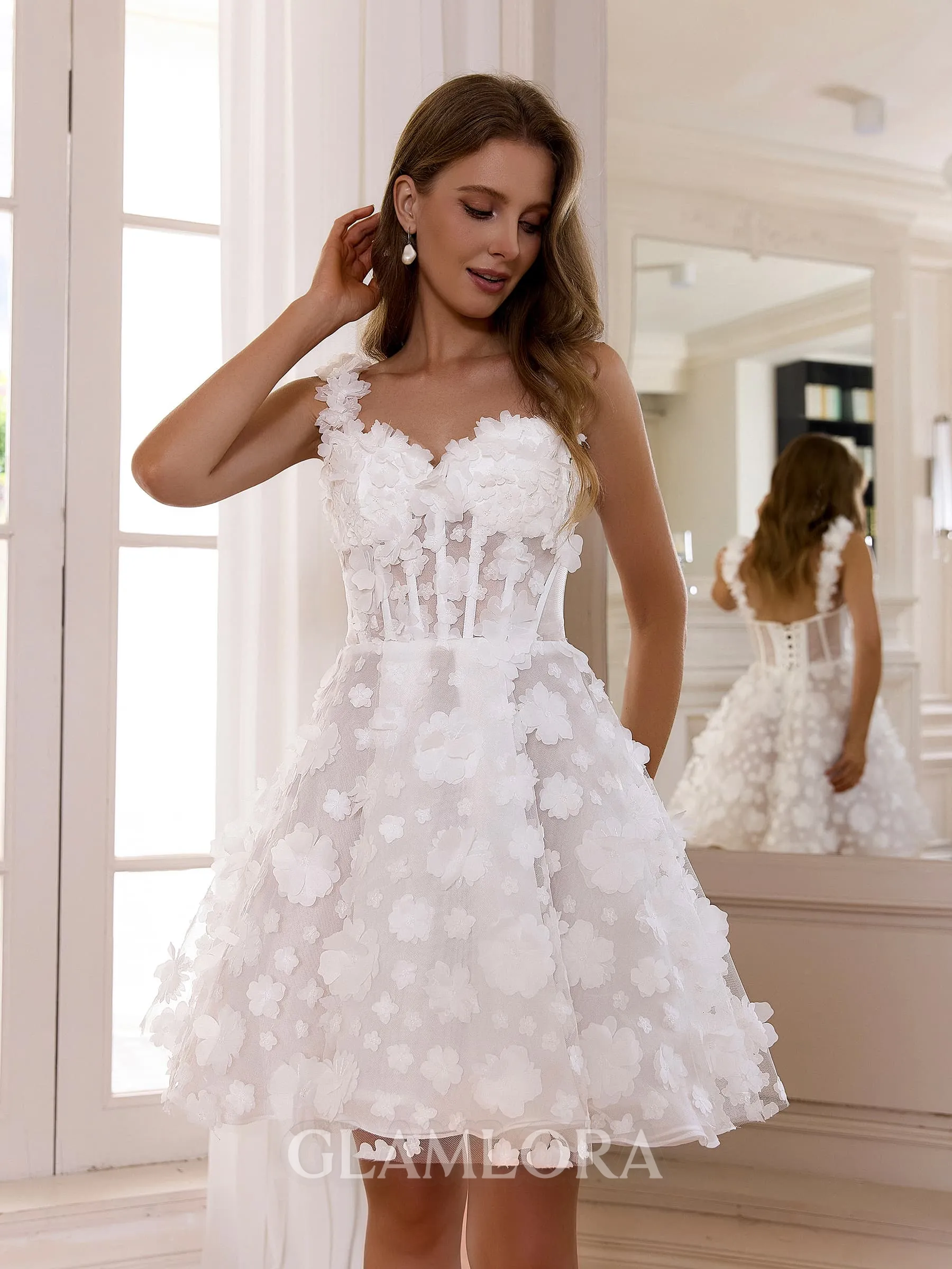 Unique A-line Off-the-Shoulder Appliques Lace Short/Mini Lace Corset Wedding Dress