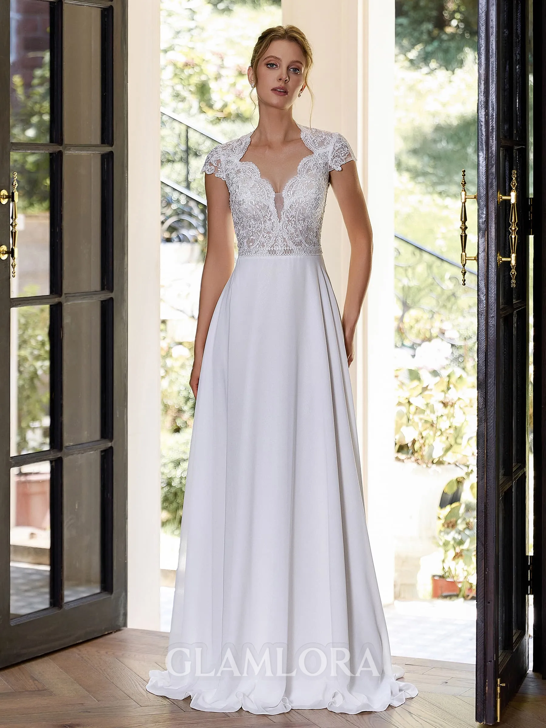 Pretty A-line V-Neck Short Sleeves Appliques Lace Floor-Length Chiffon Wedding Dress