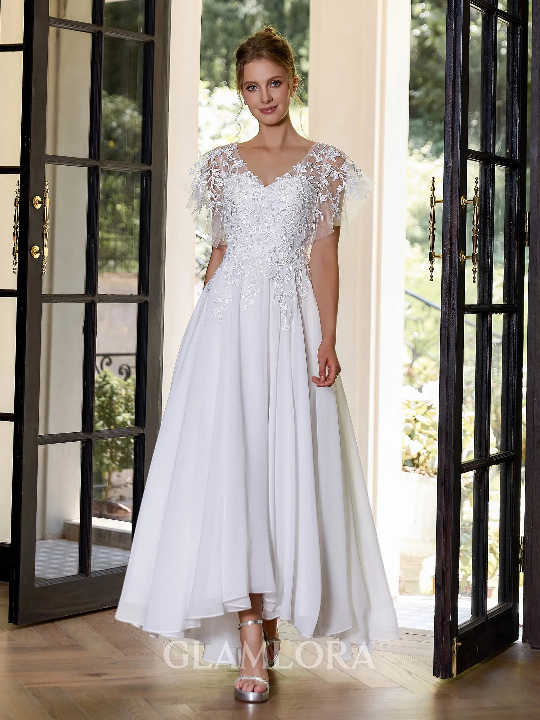 Hermosos A-line V-Neck Short Sleeves Appliques Lace Asymmetrical Chiffon Wedding Dress