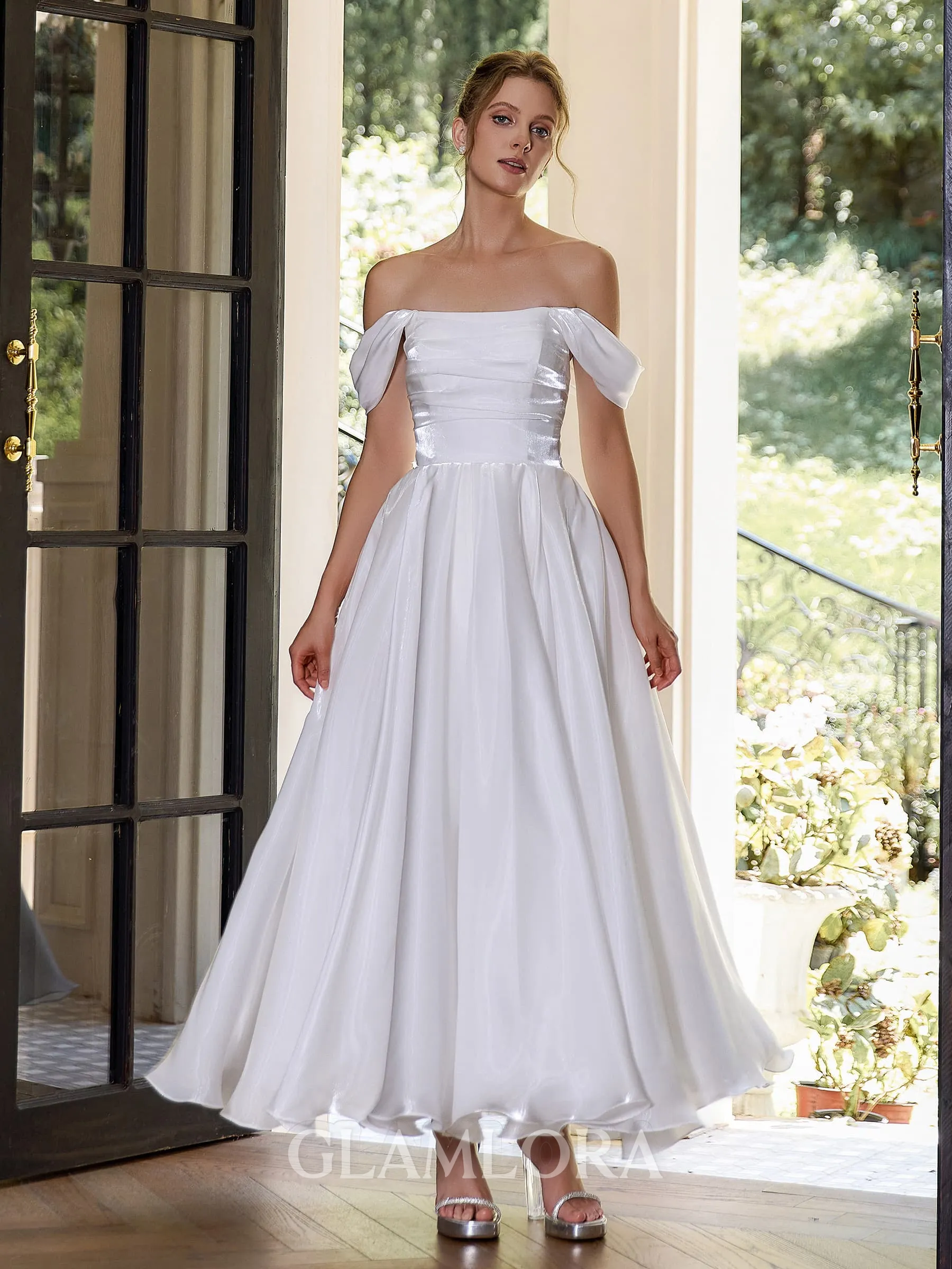 Unique A-line Off-the-Shoulder Pleated Ankle-Length Corset Wedding Dress