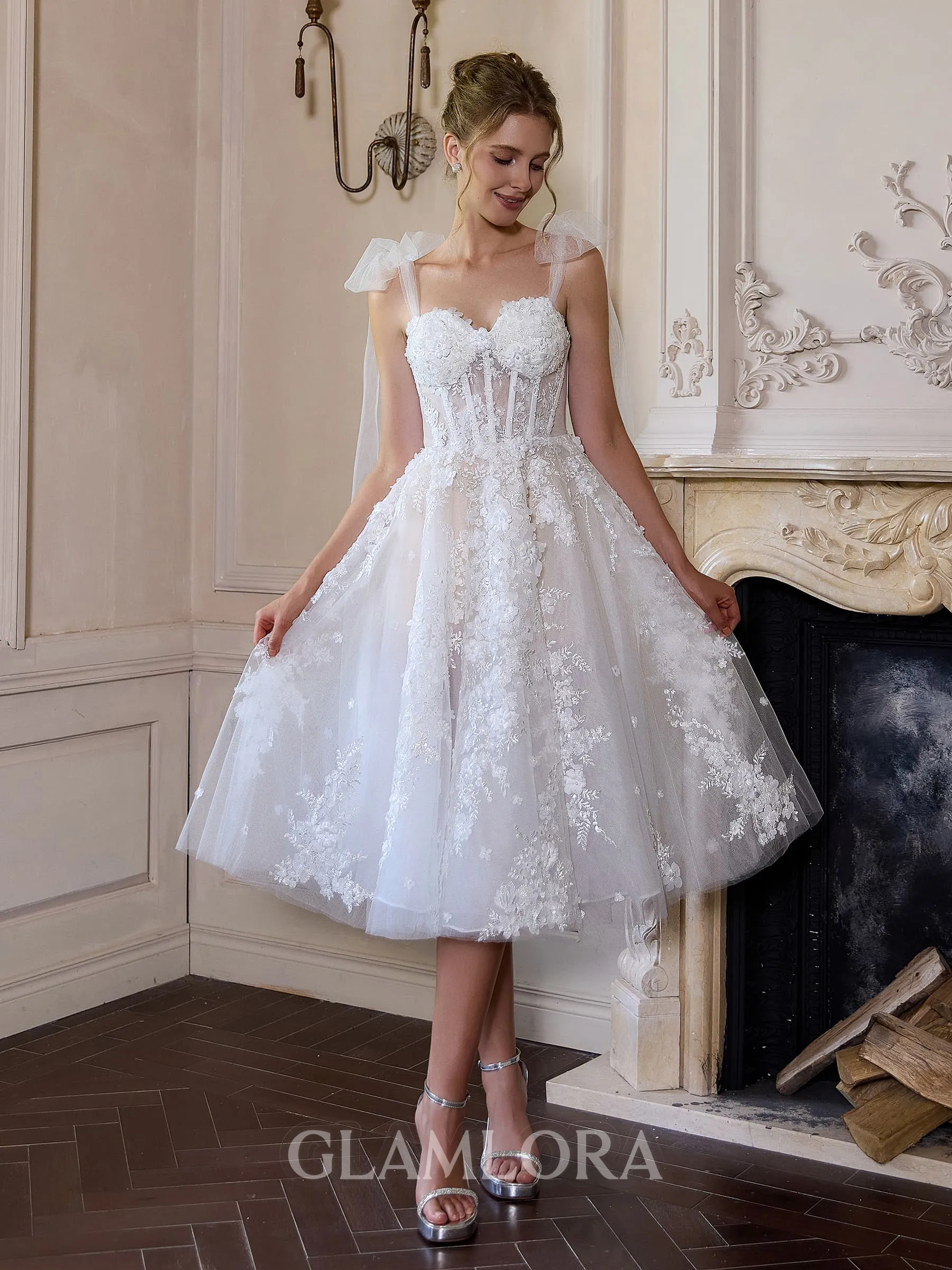 Splendid A-line Straps Appliques Lace Knee-Length Lace Corset Wedding Dress