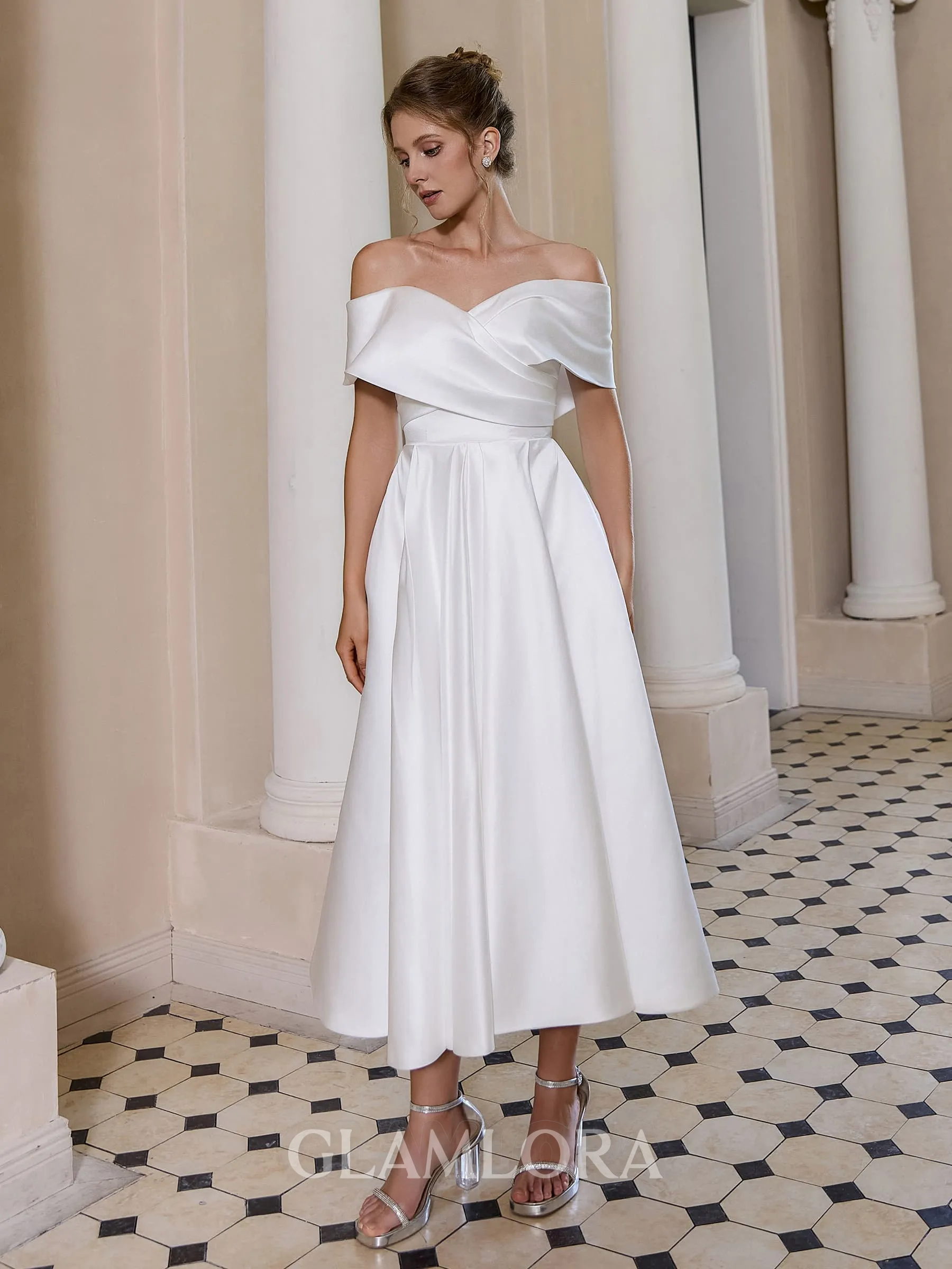 Graceful A-line Off-the-Shoulder Pleated Tea-Length Satin Corset Wedding Dress