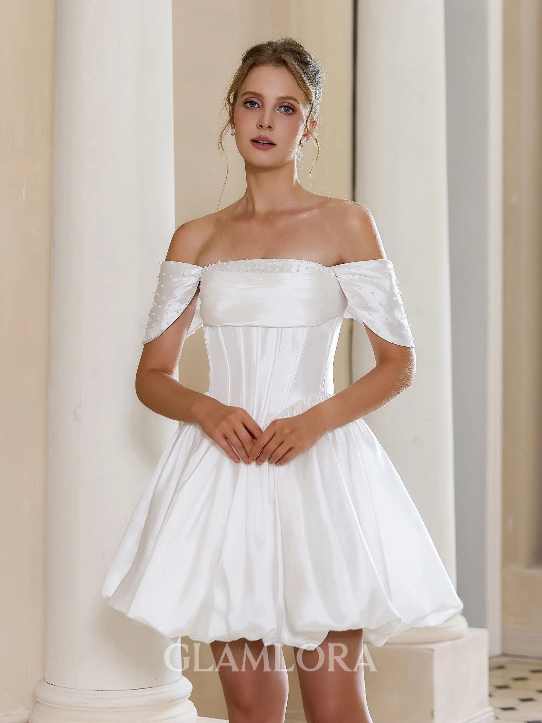 Elegant Ball-Gown Off-the-Shoulder Pleated Short/Mini Taffeta Corset Wedding Dress