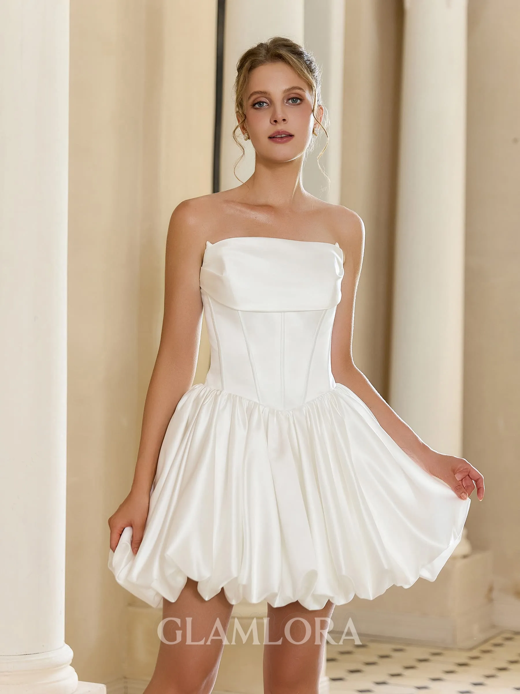 Unforgettable Ball-Gown Straight Pleated Short/Mini Satin Corset Wedding Dress