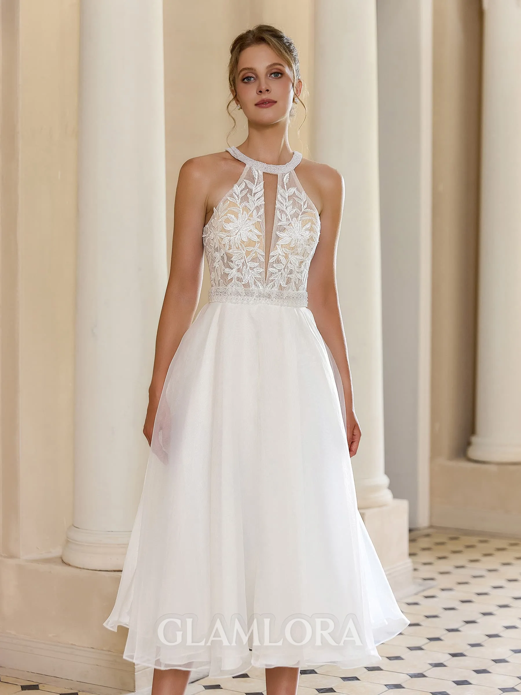 Trendy A-line Halter Appliques Lace Tea-Length Organza Wedding Dress