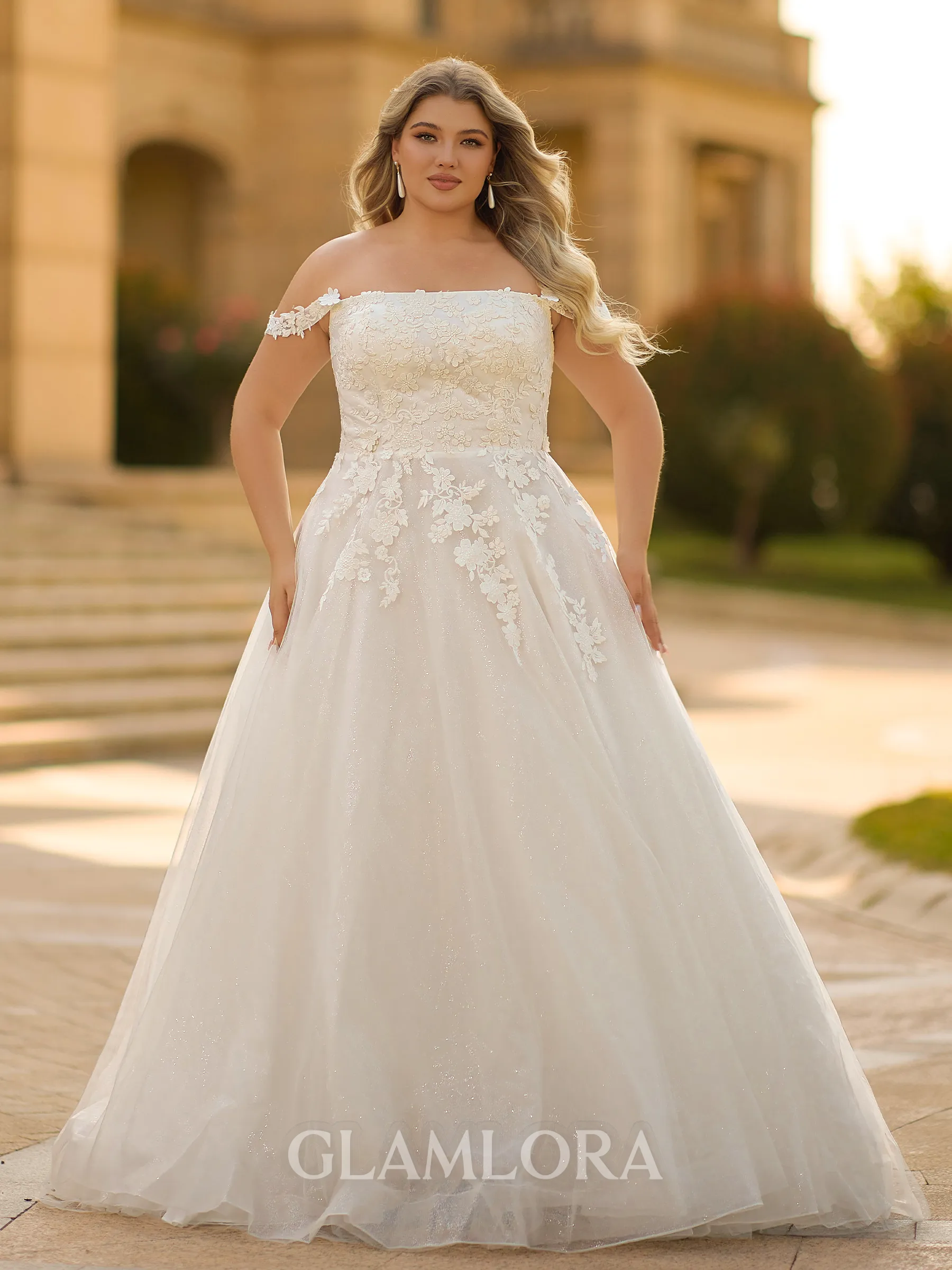 Perfect A-line Off-the-Shoulder Appliques Lace Court Train Tulle Corset Plus Size Wedding Dress