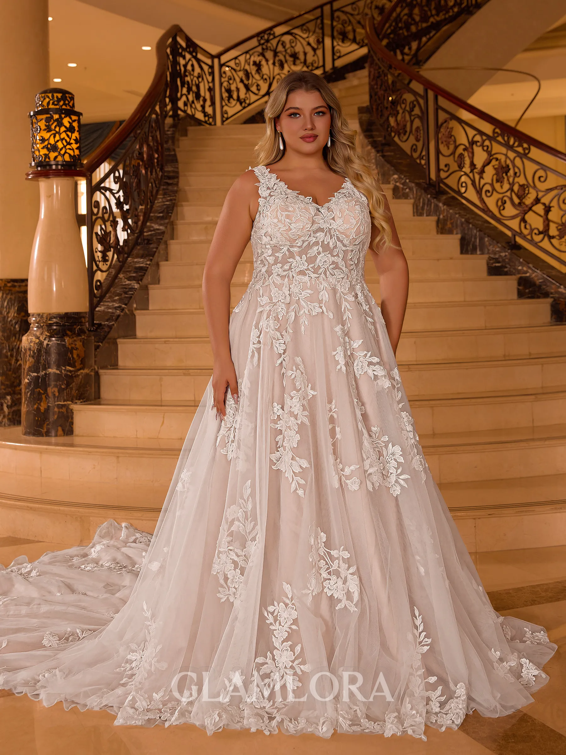 Pretty A-line V-Neck Appliques Lace Cathedral Train Tulle Plus Size Wedding Dress