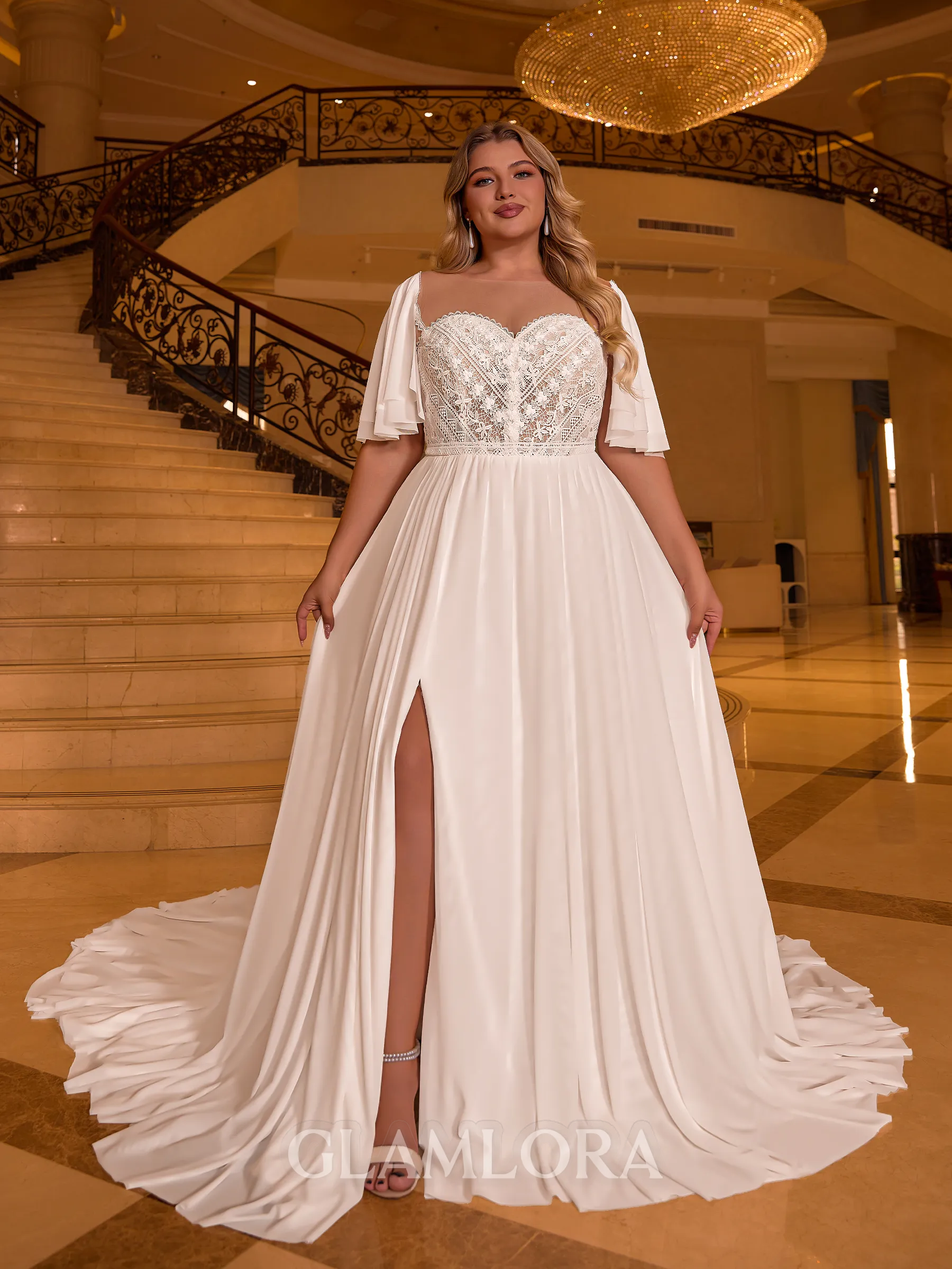 Delicate A-line Scoop Short Sleeves Appliques Lace Chapel Train Tulle Plus Size Wedding Dress