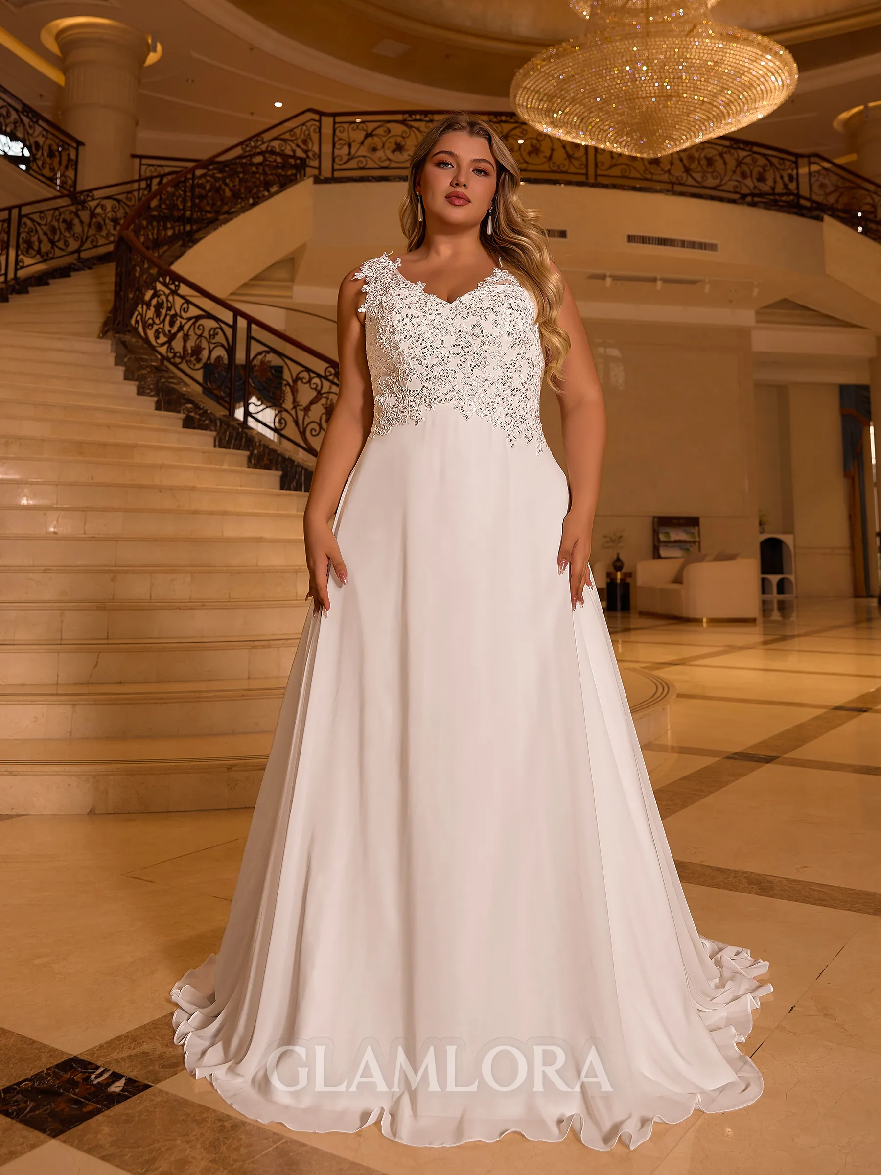 Elegant A-line V-Neck Appliques Lace Sweep Train Chiffon Corset Plus Size Wedding Dress